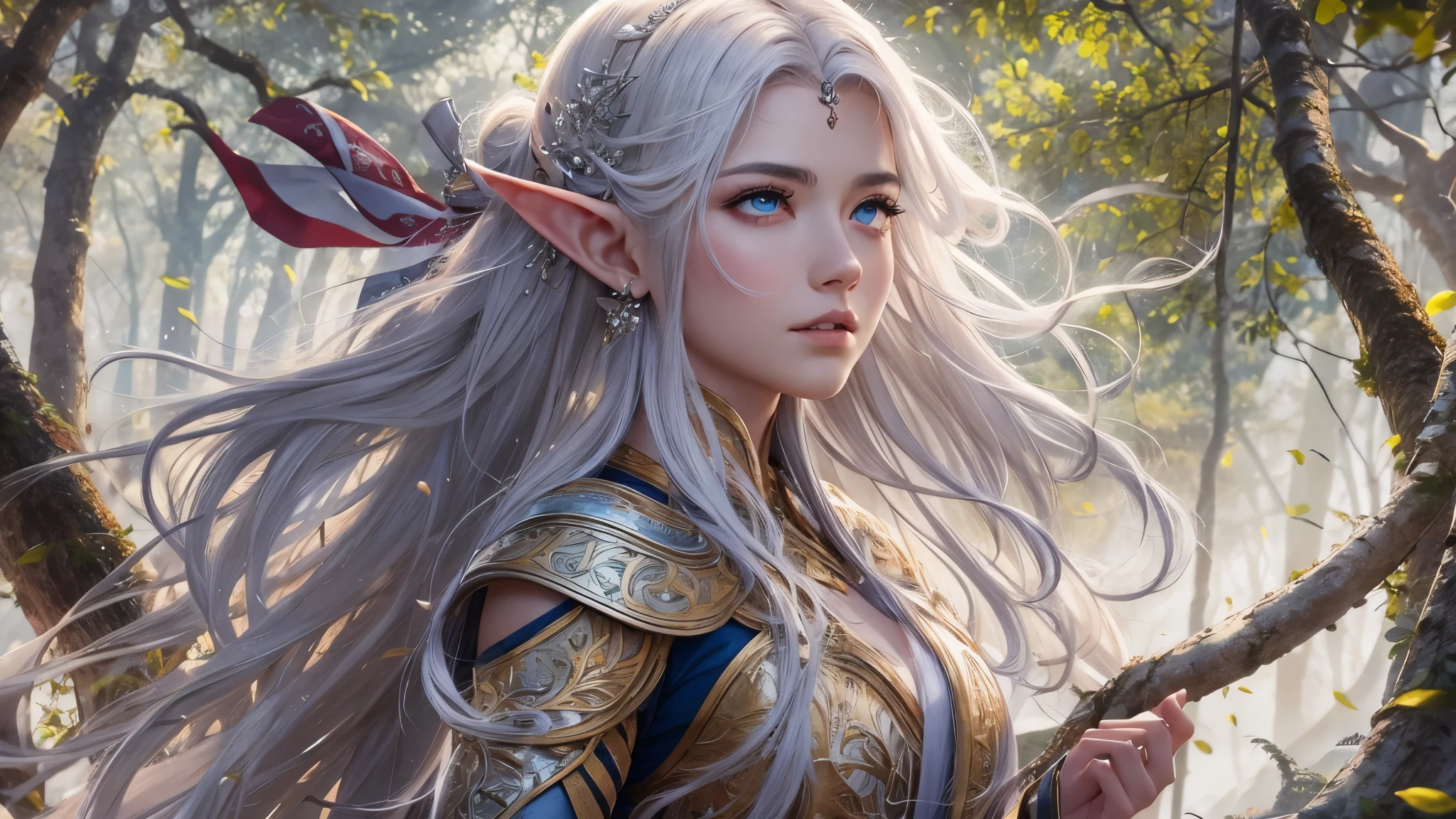 master piece), 8k, best quality, full body panoramic view, Elf, young, 17 years old With slightly flushed white skin, her long silver hair, green eyes, slim and athletic body, a height of 1.68 meters, which gave her a natural elegance, Detailed warrior clothing, walking in the enchanted forest, holding a war bow,