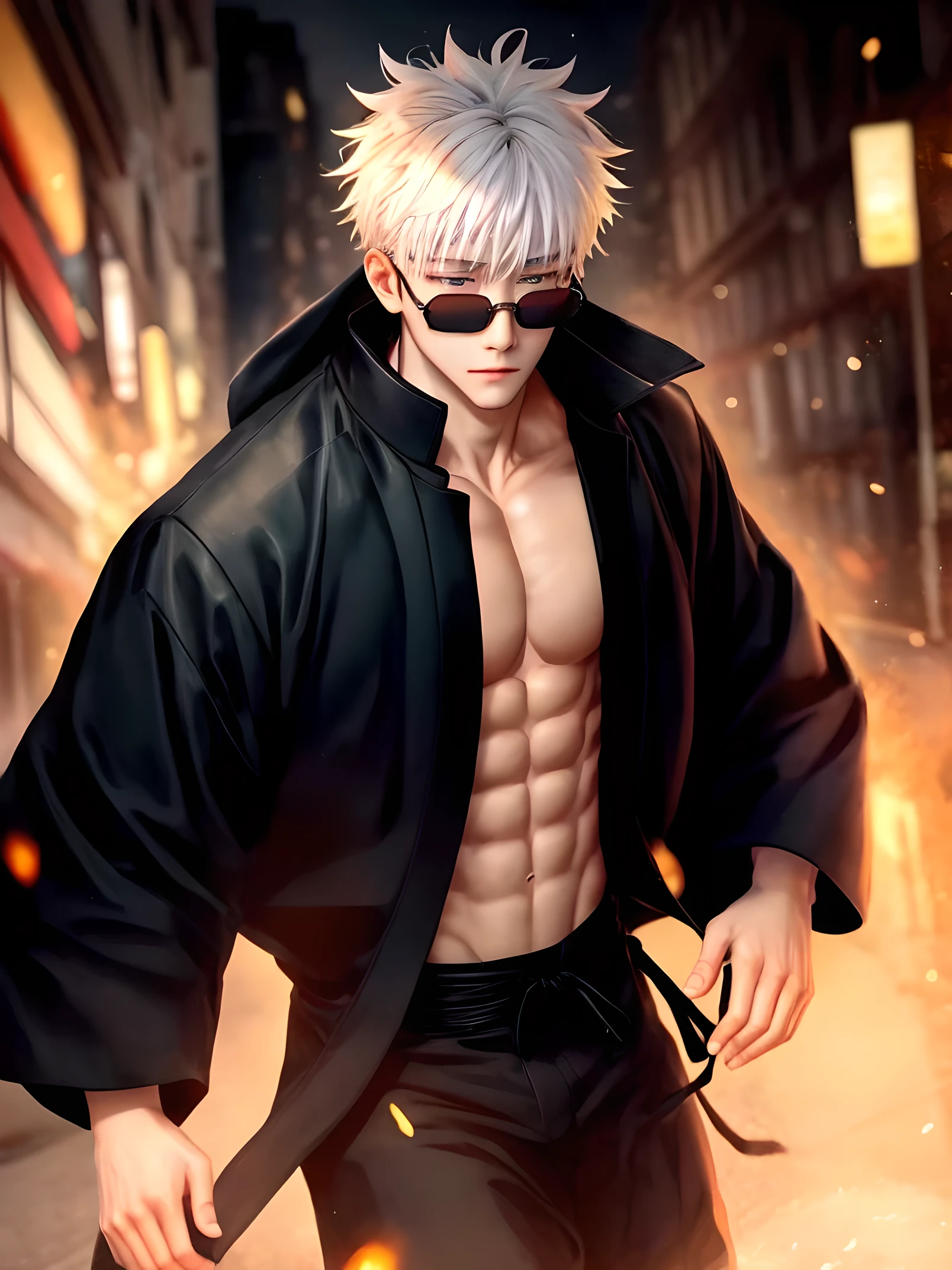 obra de arte, Melhor qualidade,(colorida), (olhos e rosto delicados), volumetric light, rastreamento de raio, papel de parede extremamente detalhado da unidade CG 8k, 1 homem, coreano, Gojo Satoru forma anime jujutsu kaizen, has a voice that conveys confidence and calm. He is tall and has a confident posture, olhos azuis claros brilhantes, that exudes a sense of power and authority. Your skin is pale and looks very healthy. He has very characteristic white hair, which is kept combed back. Their eyes are normally covered by a black blindfold., which is a striking feature of his appearance. This blindfold is used to hide your eyes, which are actually extremely powerful. Ele usa um Jujutsu High , que consiste em um longo casaco preto com detalhes brancos e vermelhos. He also wears black pants and leather shoes.. Adicionalmente, he wears a pair of white round sunglasses, which are also a distinctive part of your appearance