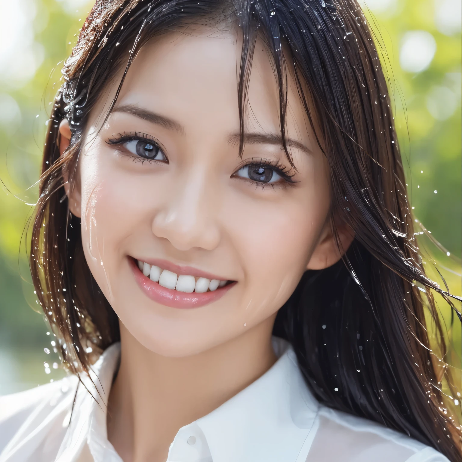 (highest quality、table top、8K、best image quality、Award-winning work)、(a soaking wet woman:1.1)、(White polyester open collared shirt:1.2)、(wet white collared open shirt:1.2)、(Fixed front configuration:1.1)、(My skin is visible through my wet shirt:1.1)、(Strongly blurred refreshing green background:1.1)、(very bright and refreshing:1.2)、(very cool advertising image:1.1)、(big breasts:1.1)、cleavage、emphasize body line、the best smile looking at me、Please smile and show your beautiful teeth、perfect makeup、With bangs、Ultra high definition beauty face、ultra high definition hair、Super high-definition sparkling eyes、Super high resolution glossy lips、accurate anatomy、(very bright and vivid:1.1)、(Close-up of wet face:1.3)、(The most natural and perfect freshwater splash:1.2)、(fresh water splash:1.1)、(Perfectly reproduces the texture of wet hair:1.1)、(wet and shiny skin:1.1)、(wet and shiny hair:1.1)