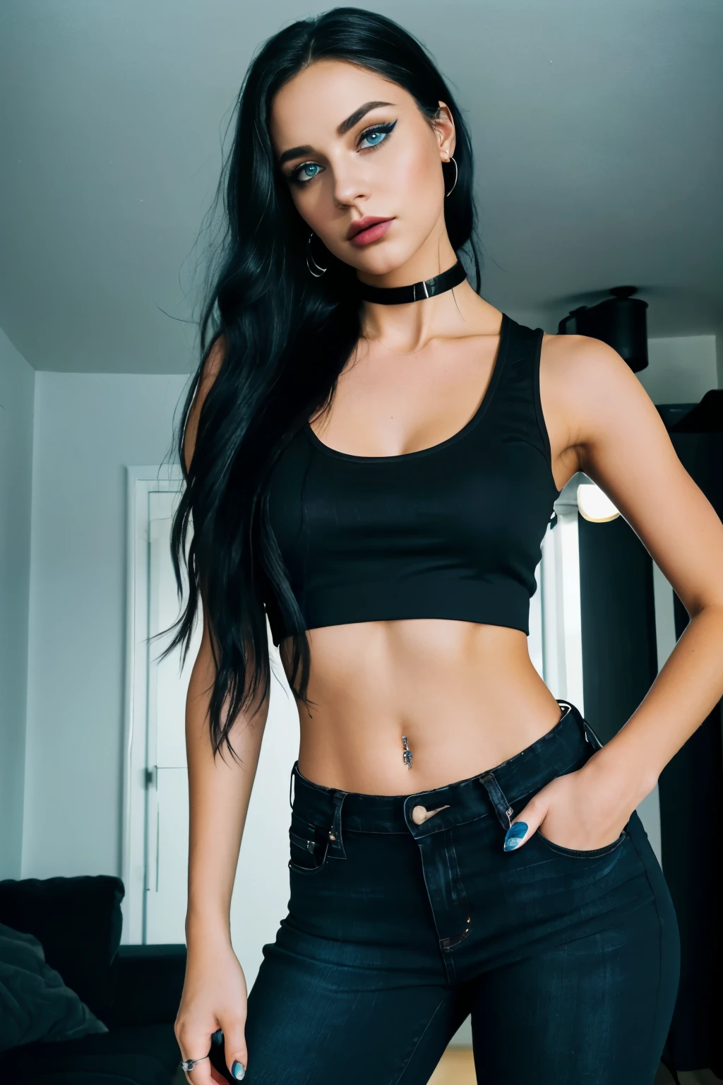 (Breathtaking, award-winning image of a beautiful young woman with light-blue eyes and long, black hair. She stands in her apartment at night, clothing consists of a black tank top and jeans, complemented by dark makeup, including dark eyeliner and lipstick. Accessorized with a choker necklace. The atmosphere is moody and dark.)
(Highly detailed, professional masterpiece featuring a stunning, young woman with light-blue eyes and long, black hair. She wears a black tank top and jeans, with expertly applied dark makeup, adding definition to her eyes and lips. Enhanced by a choker necklace. The setting is her apartment at night, with an intense