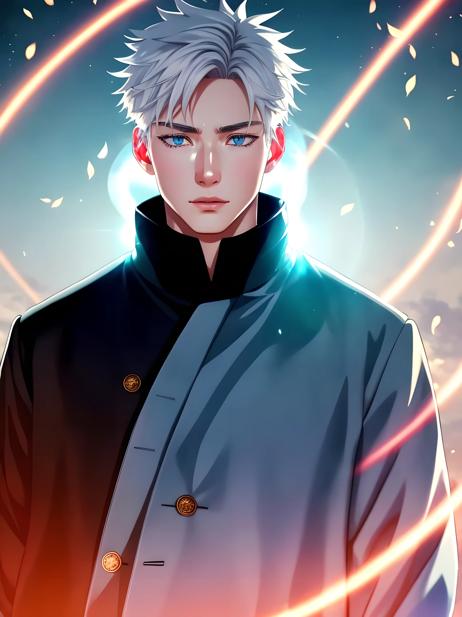 obra de arte, Melhor qualidade,(colorida), (olhos e rosto delicados), volumetric light, rastreamento de raio, papel de parede extremamente detalhado da unidade CG 8k, 1 homem, coreano, Gojo Satoru forma anime jujutsu kaizen, has a voice that conveys confidence and calm. He is tall and has a confident posture, olhos azuis claros brilhantes, that exudes a sense of power and authority. Your skin is pale and looks very healthy. He has very characteristic white hair, which is kept combed back. Their eyes are normally covered by a black blindfold., which is a striking feature of his appearance. This blindfold is used to hide your eyes, which are actually extremely powerful. Ele usa um Jujutsu High , que consiste em um longo casaco preto com detalhes brancos e vermelhos. He also wears black pants and leather shoes.. Adicionalmente, he wears a pair of white round sunglasses, which are also a distinctive part of your appearance