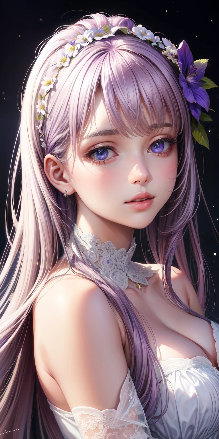 Realistic, 1fille, cheveux blancs, yeux violets, yeux brillants, haut court, jupe, parted lips, rougir, nuit, fleurs, soleil, soleillight,