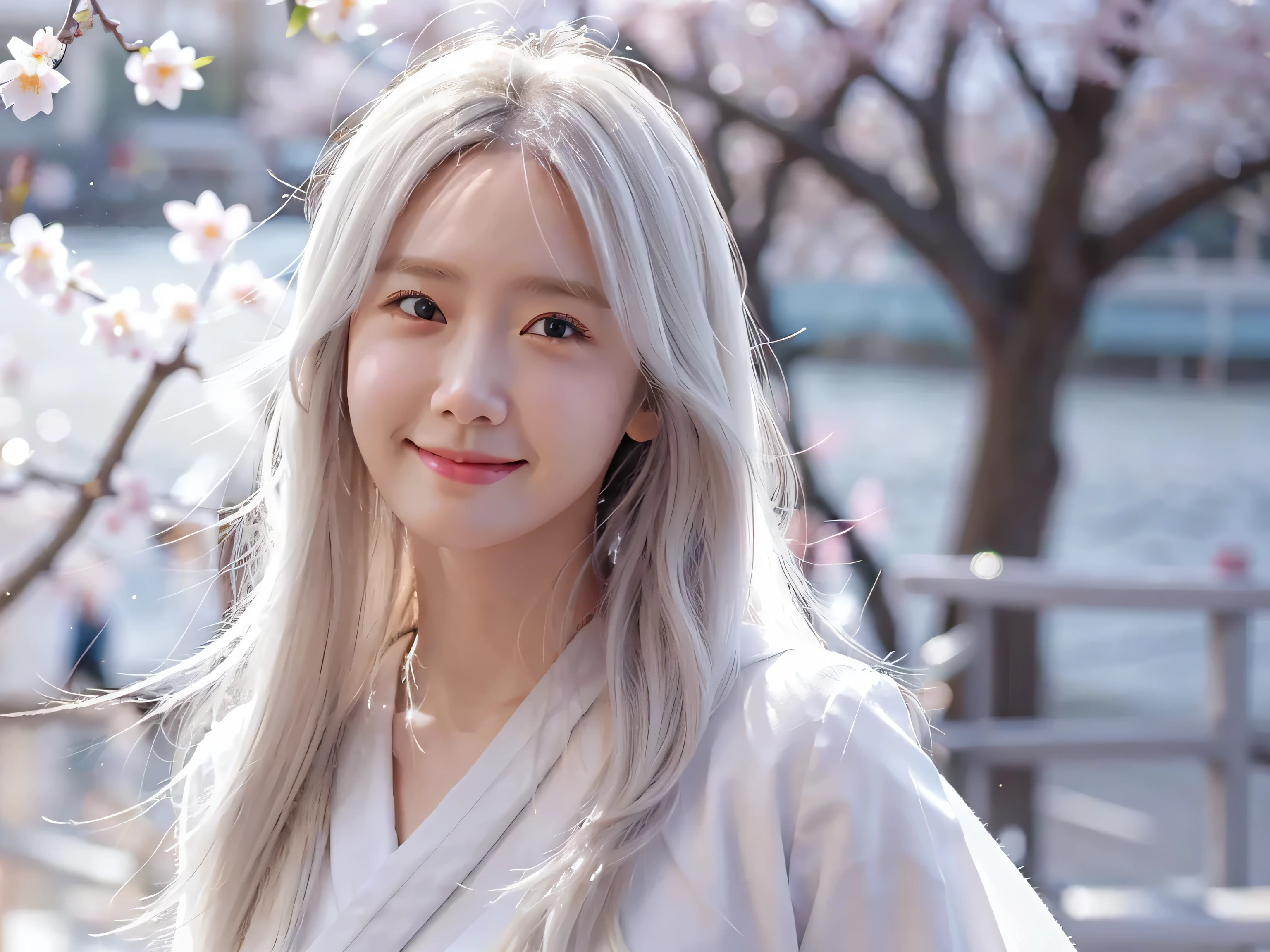 fuji xt3 raw photo, masterpiece, best quality, realistic, detailed, high quality, masterpiece, detail, perfect face, extremely detailed face. close up. white color hair with little wavy style, hair bang, smile at camera, wear nun cloak and white dress, at afternoon cherry blossom river, blur background, soft light 1.8, light bloom, bokeh