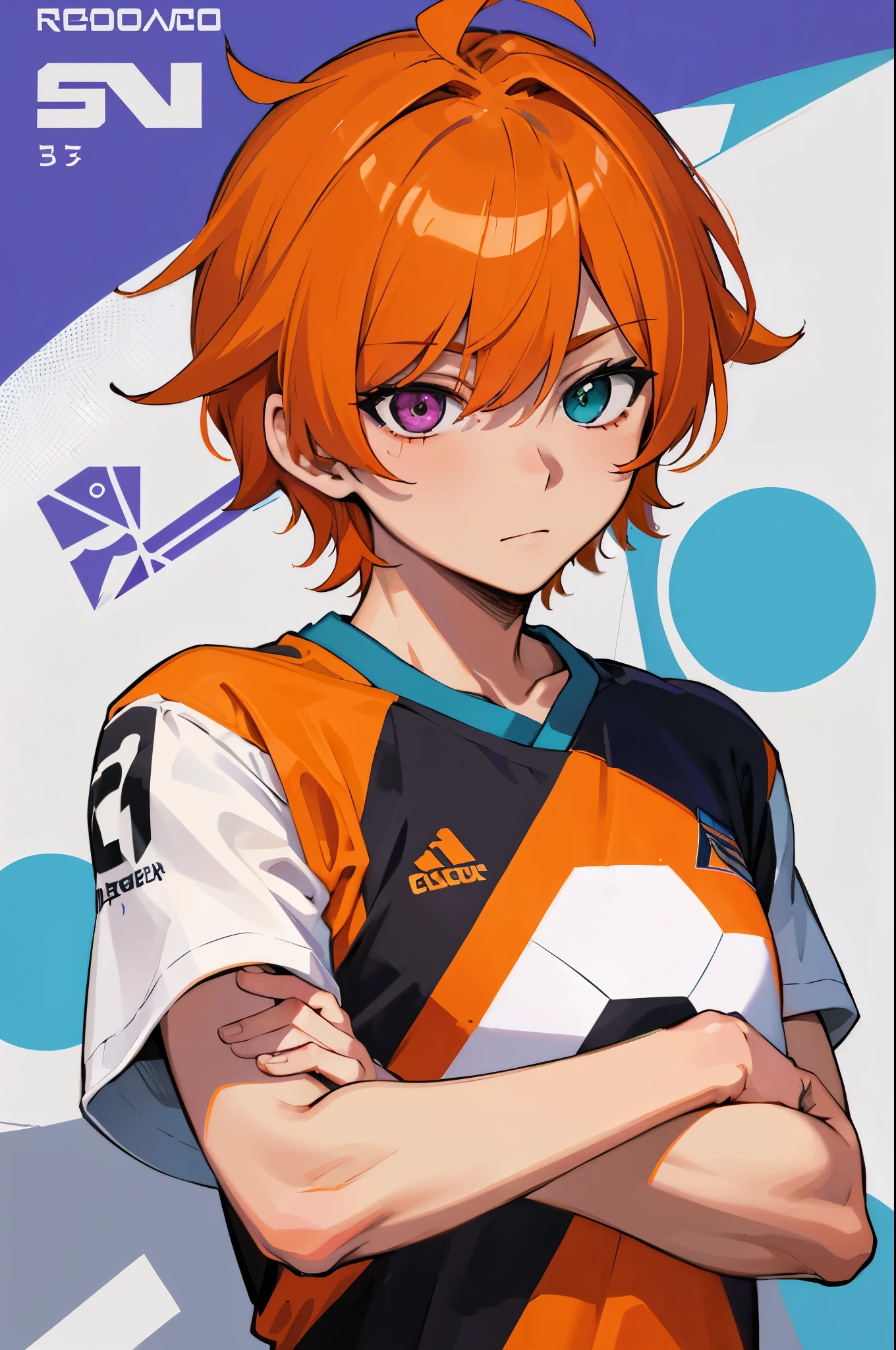 (solo),(1boy,masculino,(alone),orange hair),soccer uniform , heterochromia , one eye green , one eye purple, campo de futebol
