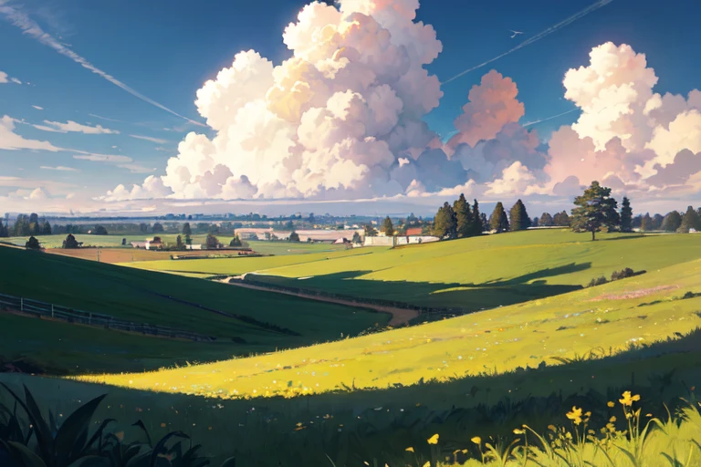 [grassfield | forest], coudy sky, viewed from front
