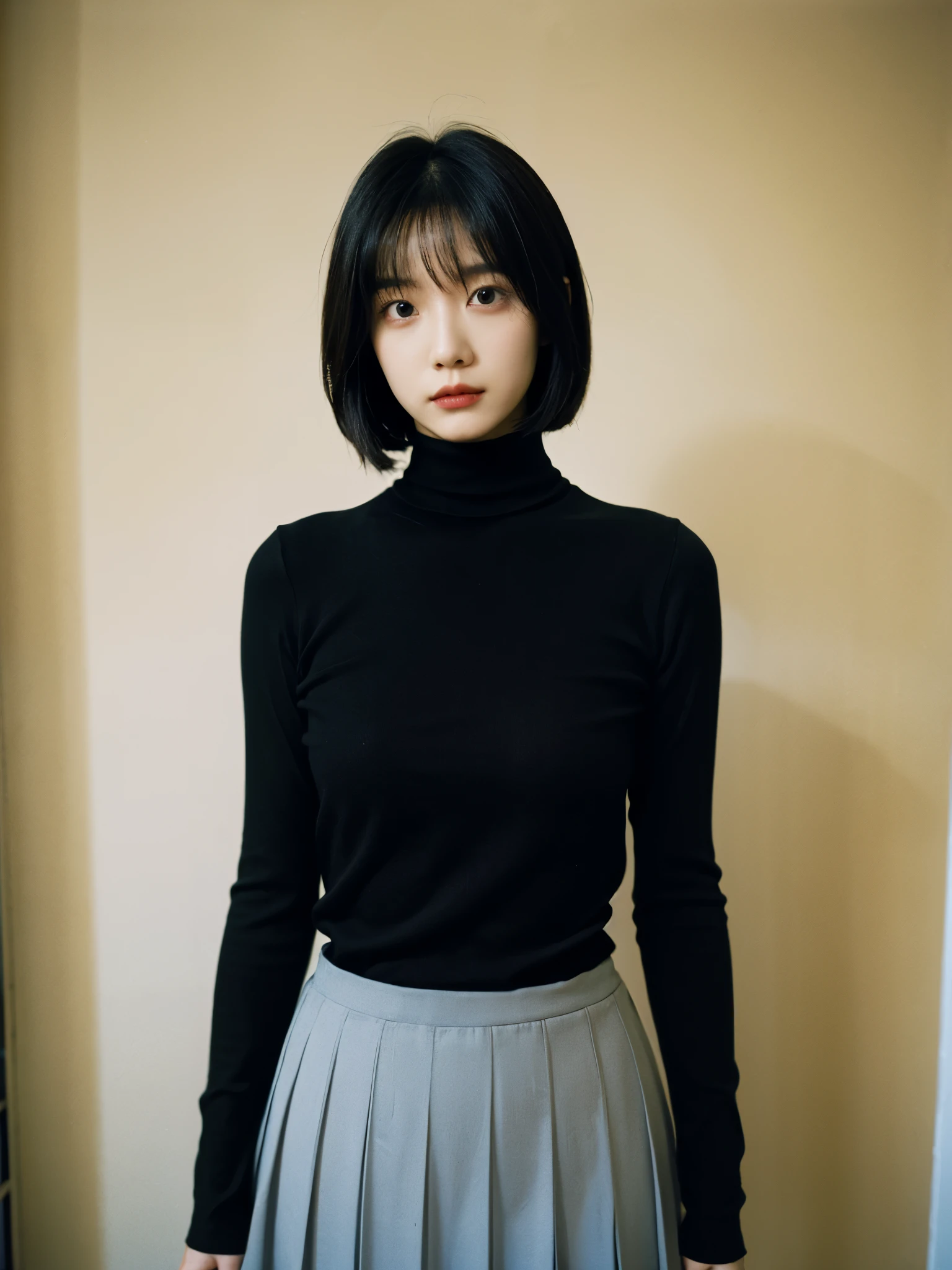 Ultra-HD-details, detailed eyes, black bob hair, upper body, indoor, studio, plain background, skirt, black turtleneck, (three-quarter body portrait photo), film photography, 35mm film, dynamic pose, fashion photoshoot, professional model, proportional body