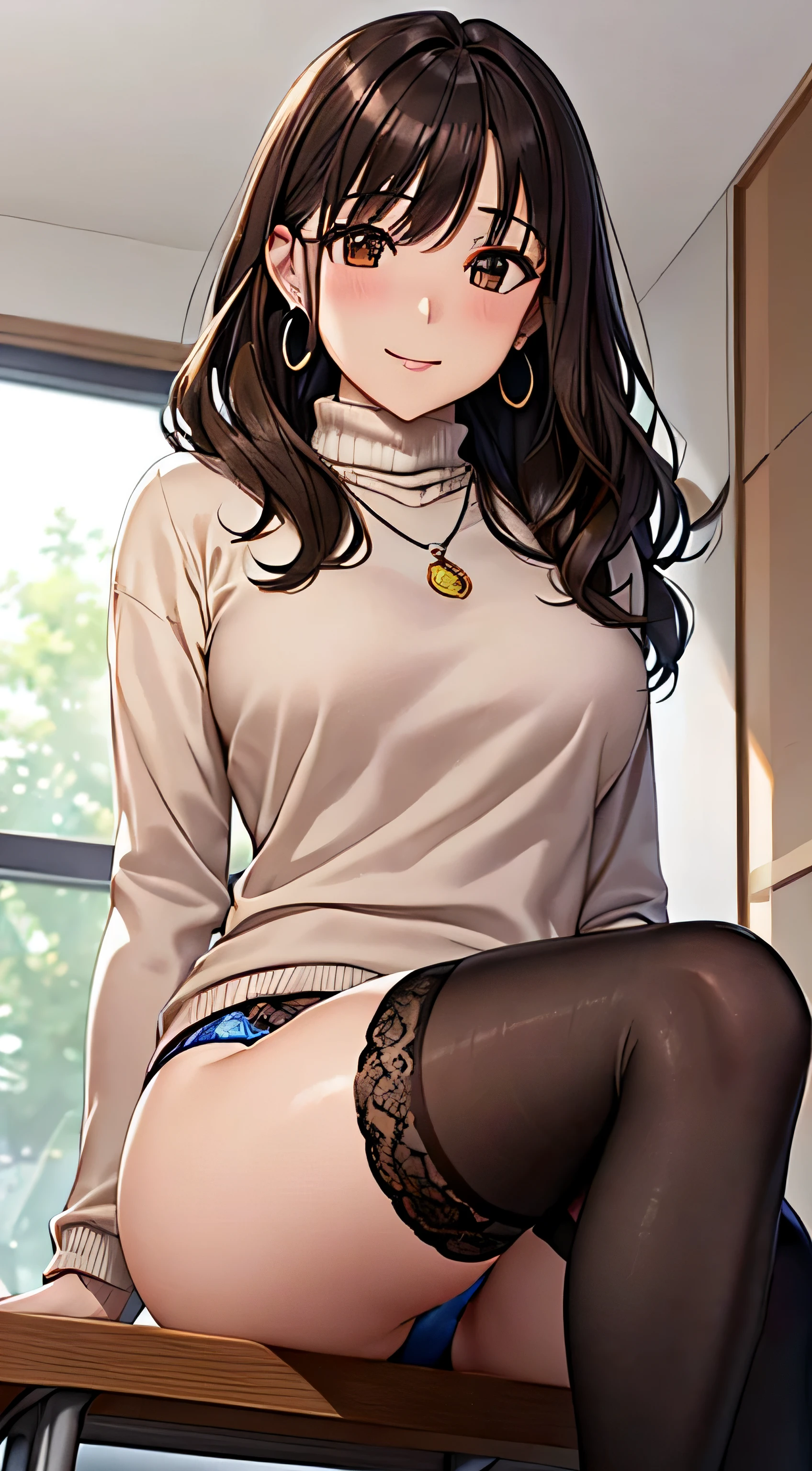 (table top, highest quality, High resolution, , perfect pixel, 4k,), 1 girl, single, alone, Beautiful woman、I could see the whole body、 ((wavy mid-length hair, bangs, brown hair)), ((brown eyes, beautiful eyelashes, realistic eyes)), ((detailed face, blush:1.2)), ((smooth texture:0.75, realistic texture:0.65, realistic:1.1, Anime CG style)), medium breasts, dynamic angle, perfect body, ((, female teacher, , earrings、necklace、turtleneck sweater、、black knee high stockings、open both legs wide、、shy smile、Sitting at the pulpit、emphasize the chest)), Upper grade、、、evening、、(You can see the blue and white lace panties、、(、)、angle from below)、