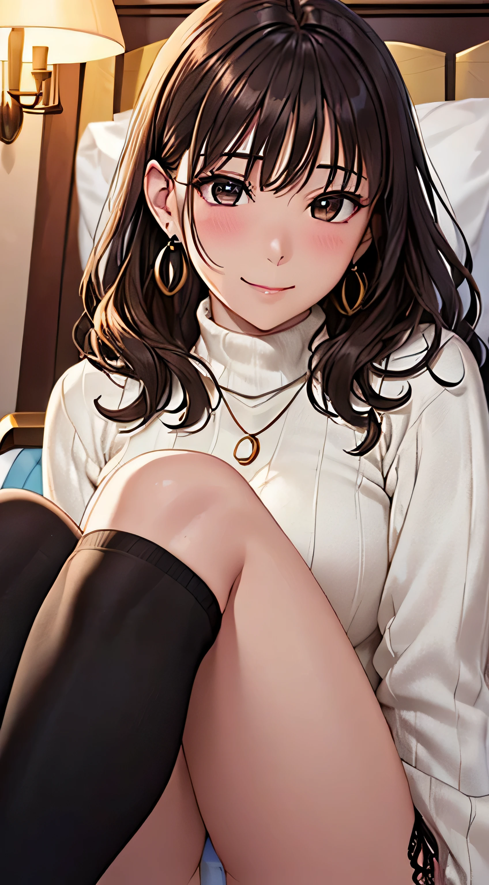 (table top, highest quality, High resolution, , perfect pixel, 4k,), 1 girl, single, alone, Beautiful woman、I could see the whole body、 ((wavy mid-length hair, bangs, brown hair)), ((brown eyes, beautiful eyelashes, realistic eyes)), ((detailed face, blush:1.2)), ((smooth texture:0.75, realistic texture:0.65, realistic:1.1, Anime CG style)), soft chest, dynamic angle, perfect body, ((,, , earrings、necklace、white turtleneck sweater、、black knee high stockings、open both legs wide、open both knees、shy smile)),、、、、(luxury hotel bed、sleep on your back)、、Close your chest with both arms、(You can see the white and light blue lace panties))、angle from below)、