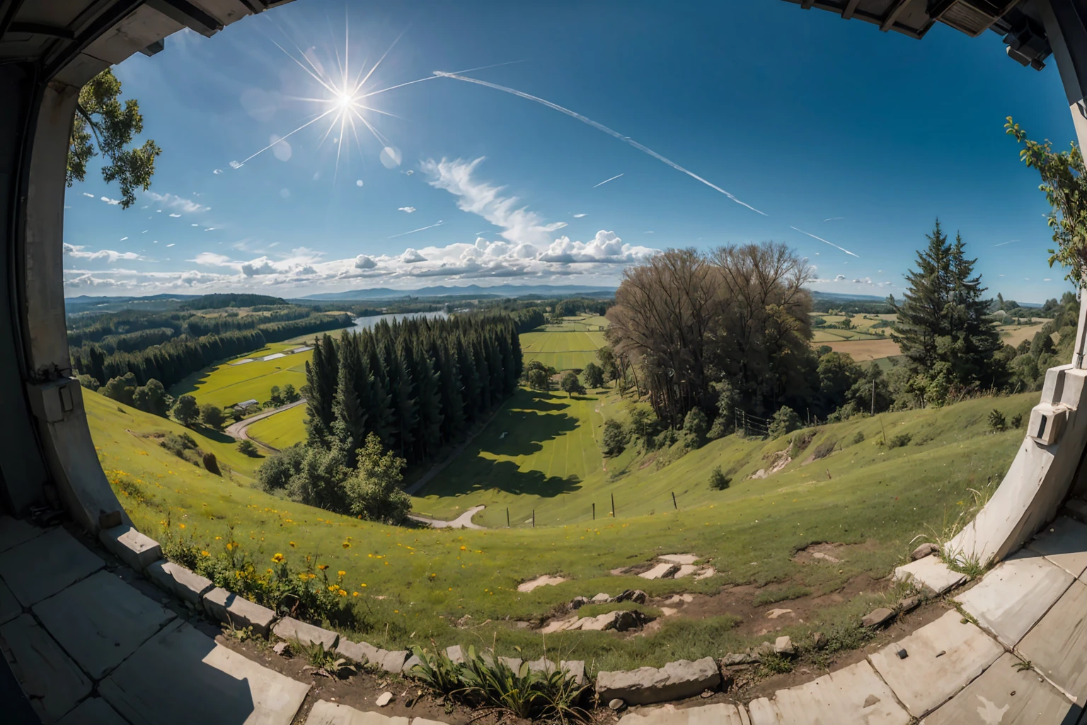 [grassfield | forest], coudy sky, viewed from front, atmospheric perspective, fisheye, negative space