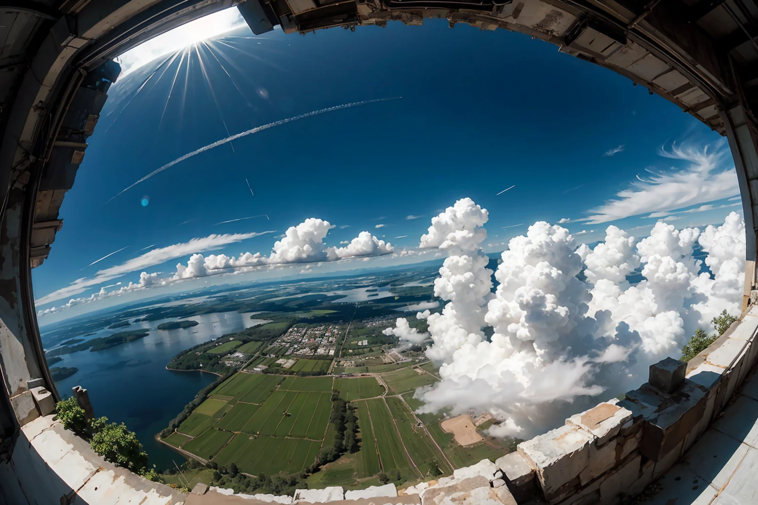 [grassfield | forest], coudy sky, viewed from front, atmospheric perspective, fisheye, negative space