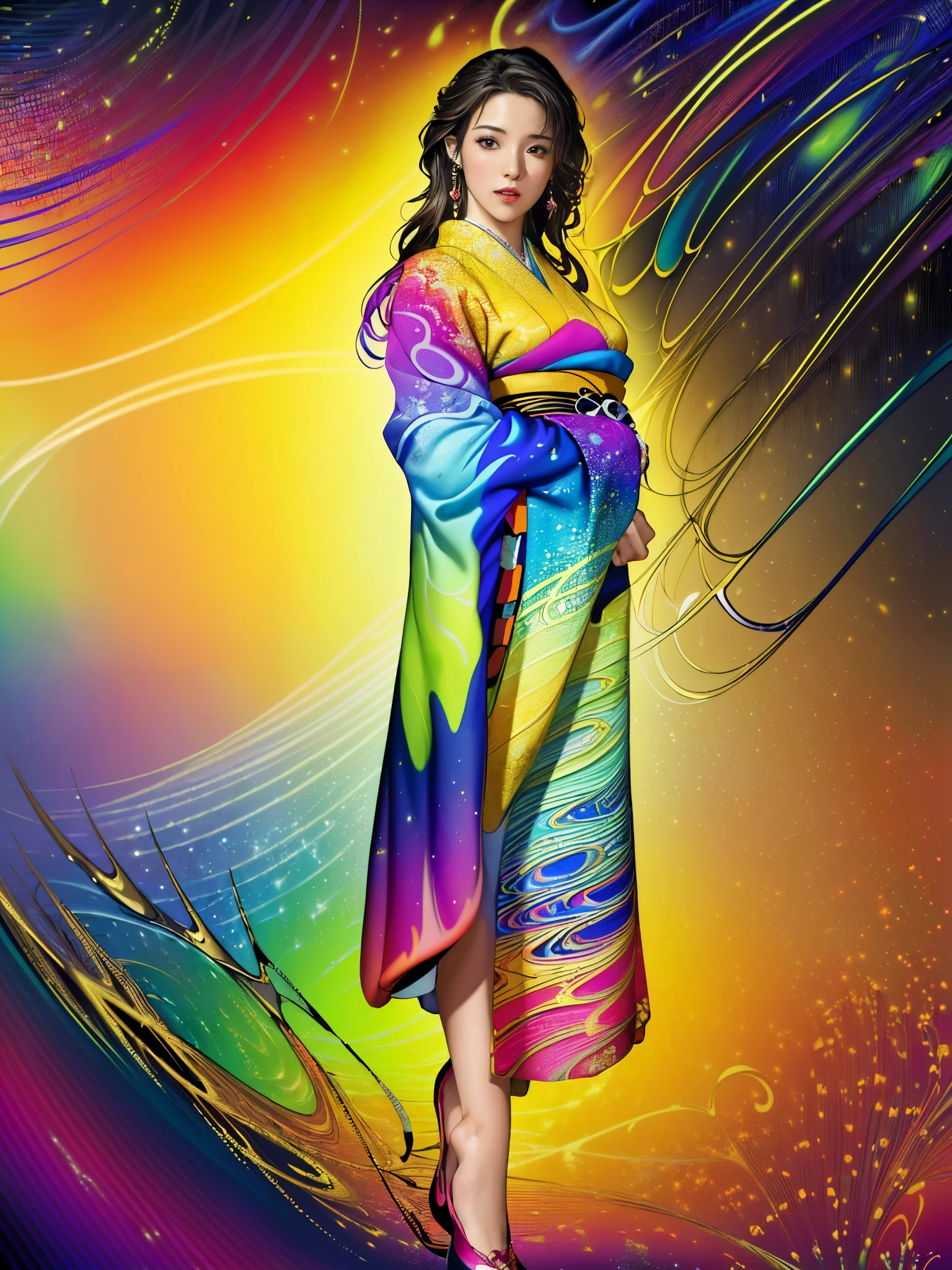 (masterpiece, highest quality, highest quality, official art, beautiful and aesthetic:1.2), (1 girl:1.3), very detailed,(fractal art:1.1),(colorful:1.1),most detailed,(tangled:1.2), (dynamic pose), (abstract background:1.5), (Japanese clothing:1.2), (shiny skin), (lots of colors:1.4), ,(earrings:1.4),