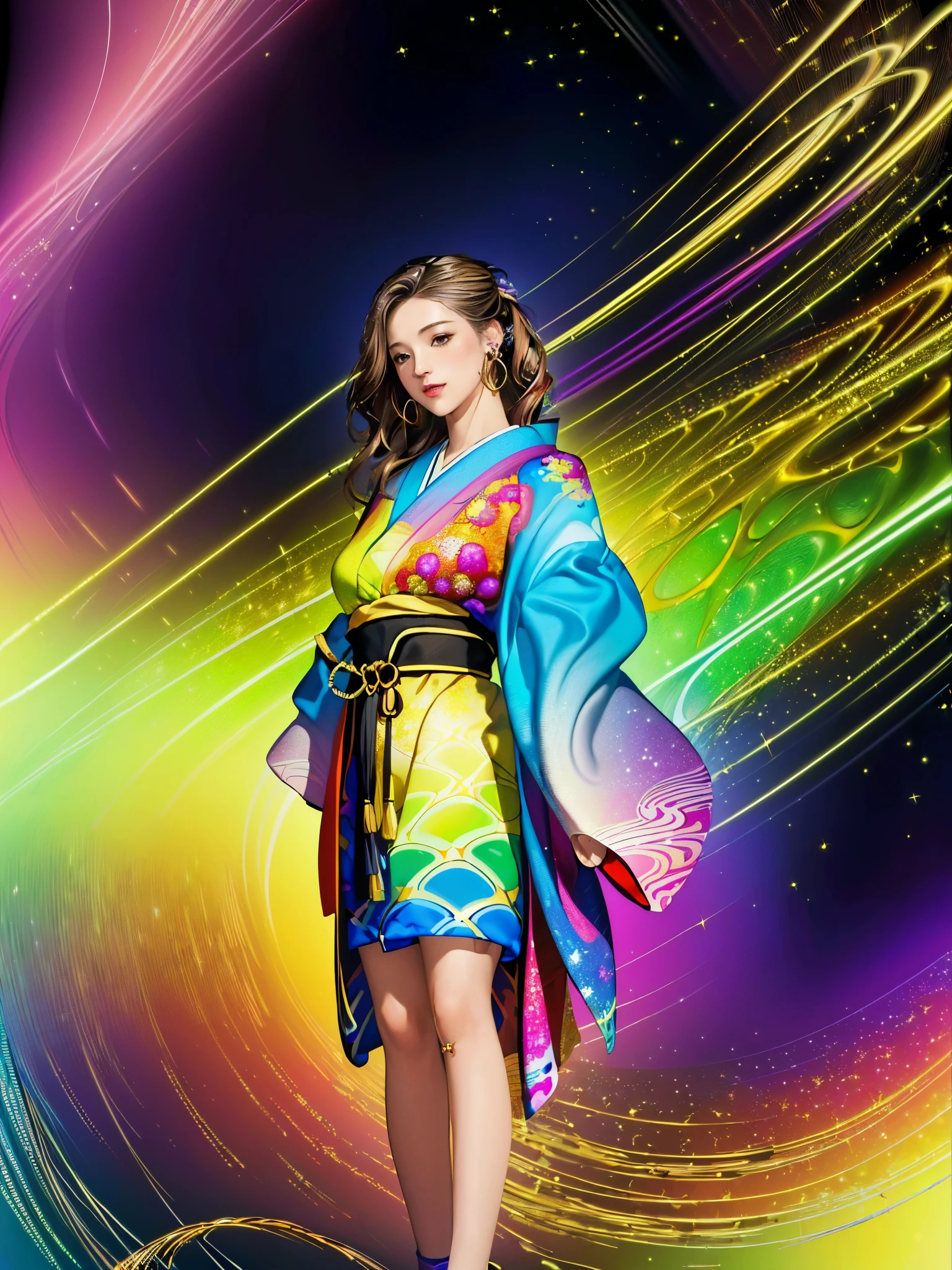 (masterpiece, highest quality, highest quality, official art, beautiful and aesthetic:1.2), (1 girl:1.3), very detailed,(fractal art:1.1),(colorful:1.1),most detailed,(tangled:1.2), (dynamic pose), (abstract background:1.5), (Japanese clothing:1.2), (shiny skin), (lots of colors:1.4), ,(earrings:1.4),