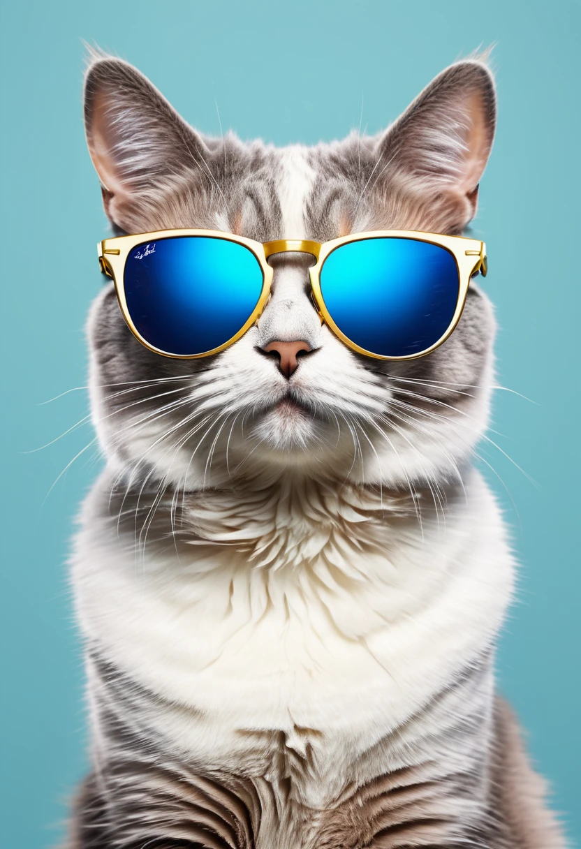 A cat with cool sunglasses, sunglasses reflection, ultra realistic, clean background, simple background.