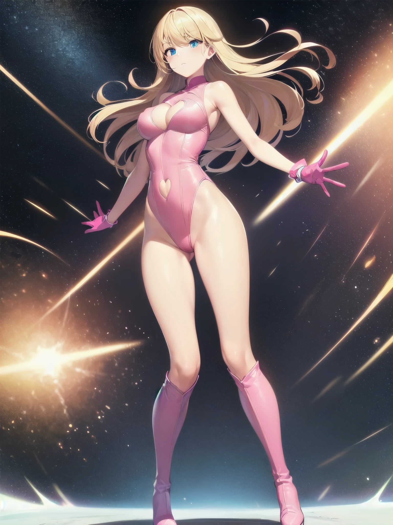 ((masterpiece)), ((best quality)), ((high res)), 1girl, solo, (leotard, pink leotard, solid pink leotard, perfect leotard, sleeveless), bare legs, (matching boots, knee boots, pink footwear), looking at the viewer, (perfect hands), perfect eyes, perfect legs, perfect arms, perfect fingers, perfect anatomy, medium breasts, (gloves, matching gloves, pink gloves), (blonde hair, long hair, bangs), (blue eyes, beautiful detailed eyes) (heart cutout, one cleavage cutout), cute face, hair down, superhero, single, spread arms, standing, spins fast in place like a tornado, light particles, sparkling, super speed, speed lines, space backdrop