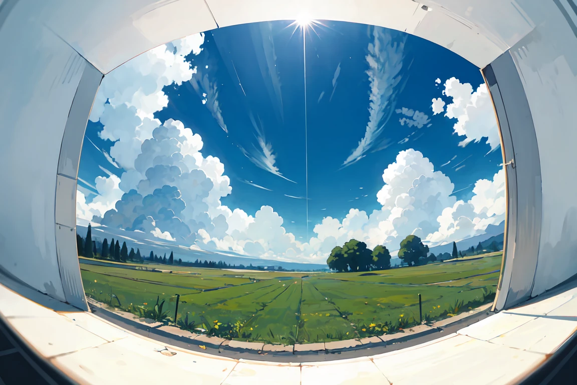 [grassfield | forest], cloudy sky, viewed from front, atmospheric perspective, fisheye, negative space