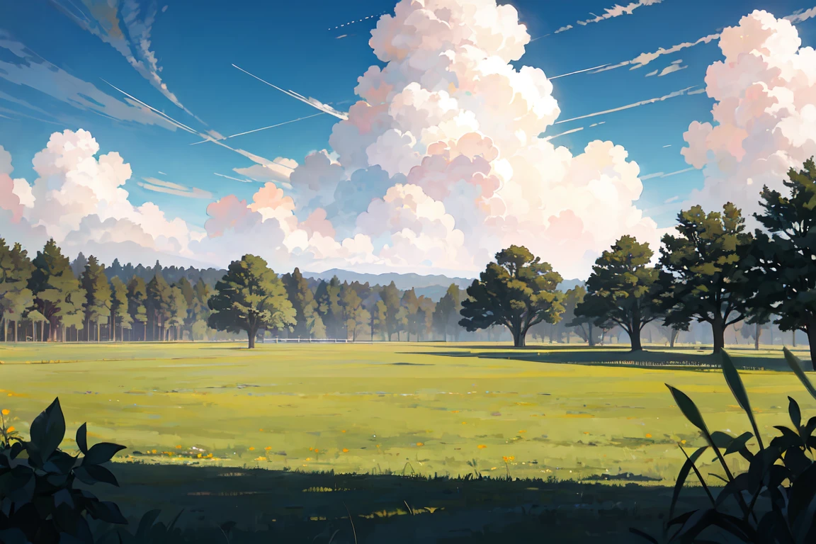 [grassfield | forest], cloudy sky, viewed from front