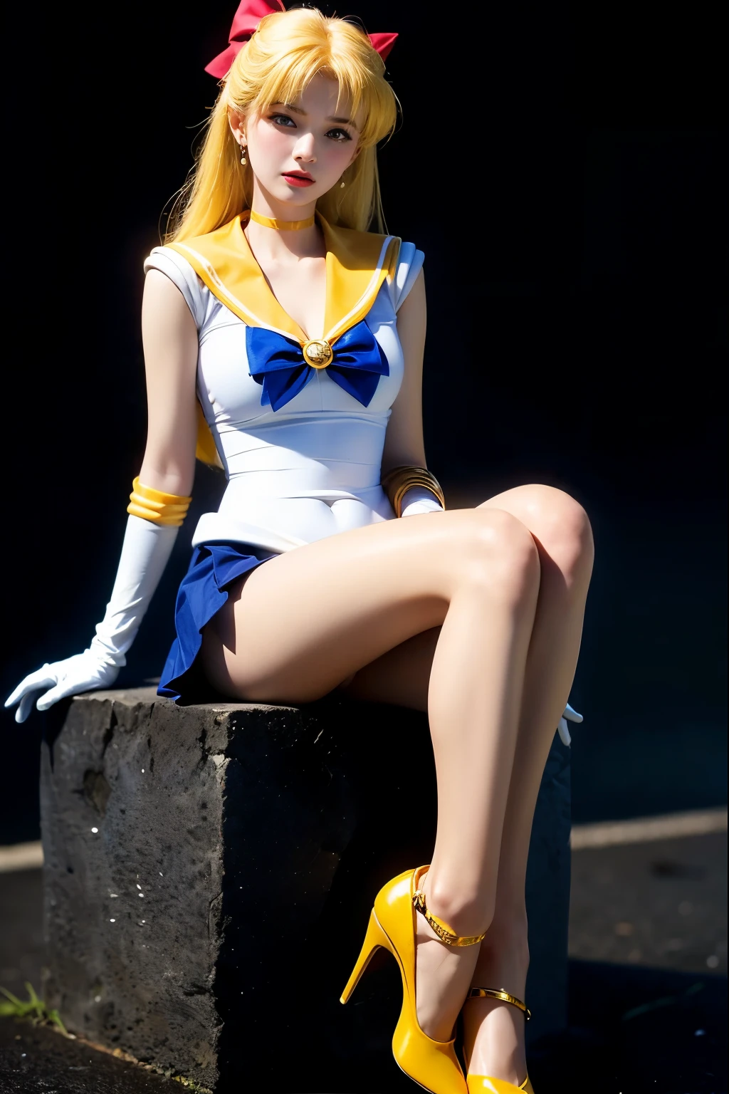 ((masterpiece:1.4)、(highest quality:1.4)、(realistic:1.7))、Masseter muscle part:1.4、beautiful girl、(sailor moon:1.4)、tsukino usagi、body fit sexy sailor senshi uniform、(latex shiny)、(The jacket is a white sleeveless sailor uniform..)、(Skirt Blue Sexy Ultra Ultra Pleated Mini Skirt)、The collar of the sailor uniform is blue with two thin lines...、high leg swimsuit、red cloth decoration on chest、(wearing white gloves)、pretty girl、super beautiful、sharp focus、portrait photography、(perfect female body:1.4)、perfect proportions、upper body shot:1.4、beautiful face、beautiful eyes、tight waist、beautiful feet、(yellow hair:1.4)、spread your legs、show white panties,(hair length:1.2)、beautiful breasts、big and full breasts:1.2、sexy ass、Raw photo、red lips、red high heels:1.4、choker:1.4、necklace:1.4、earrings:1.4、luxurious golden tiara:1.4、1 screen display、moon、universe、universe船、universeステーション、city of the future