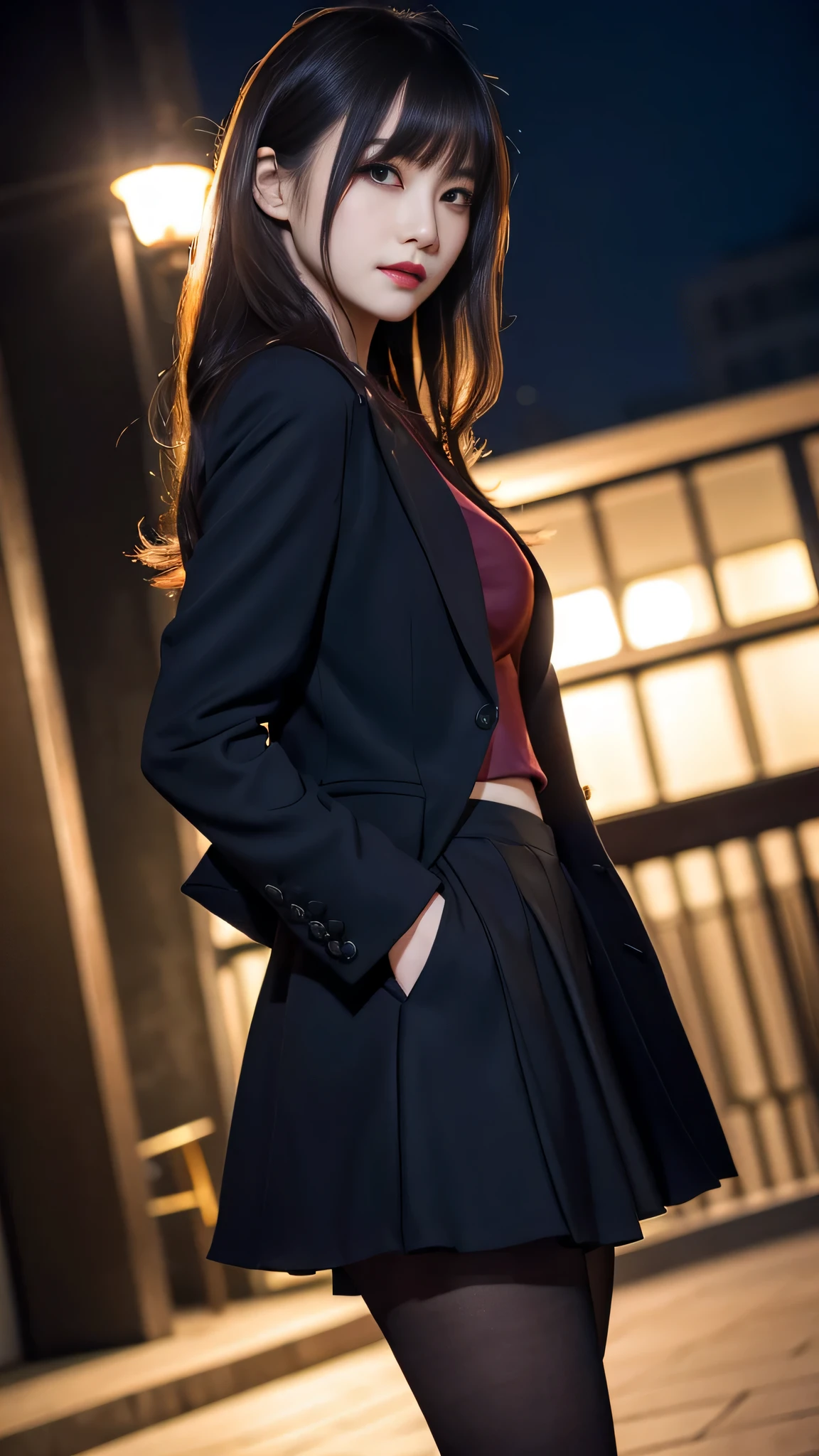 Super detailed、Japanese、charming beauty、seductive adult woman、Beautiful woman、sharp eyes、cool girl、wavy hair、flowing bangs、suit、Jacket、blouse、Tight Skirt、pantyhose、beautiful feet、evilの幹部、evil depravity、brainwashing、Mind control、lipstick、grin、evilな表情、evil、empty eyes、evil、night walk、vampire、Succubus、vampire、Possessed and turned black、Swear allegiance