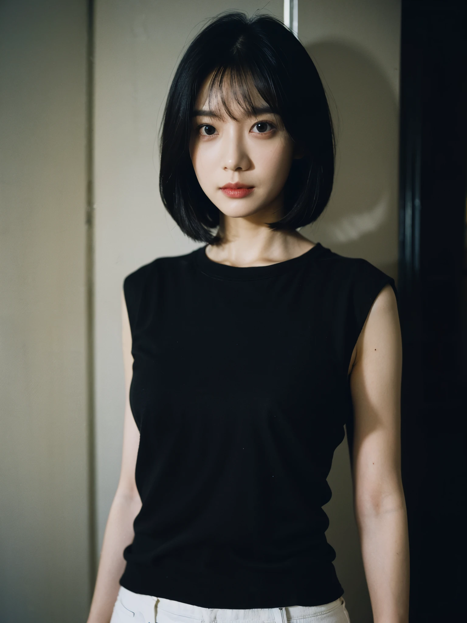 Ultra-HD-details, detailed eyes, black bob hair, upper body, indoor, studio, plain background, all black outfit, (three-quarter body portrait photo), film photography, 35mm film, dynamic pose, fashion photoshoot, professional model, proportional body