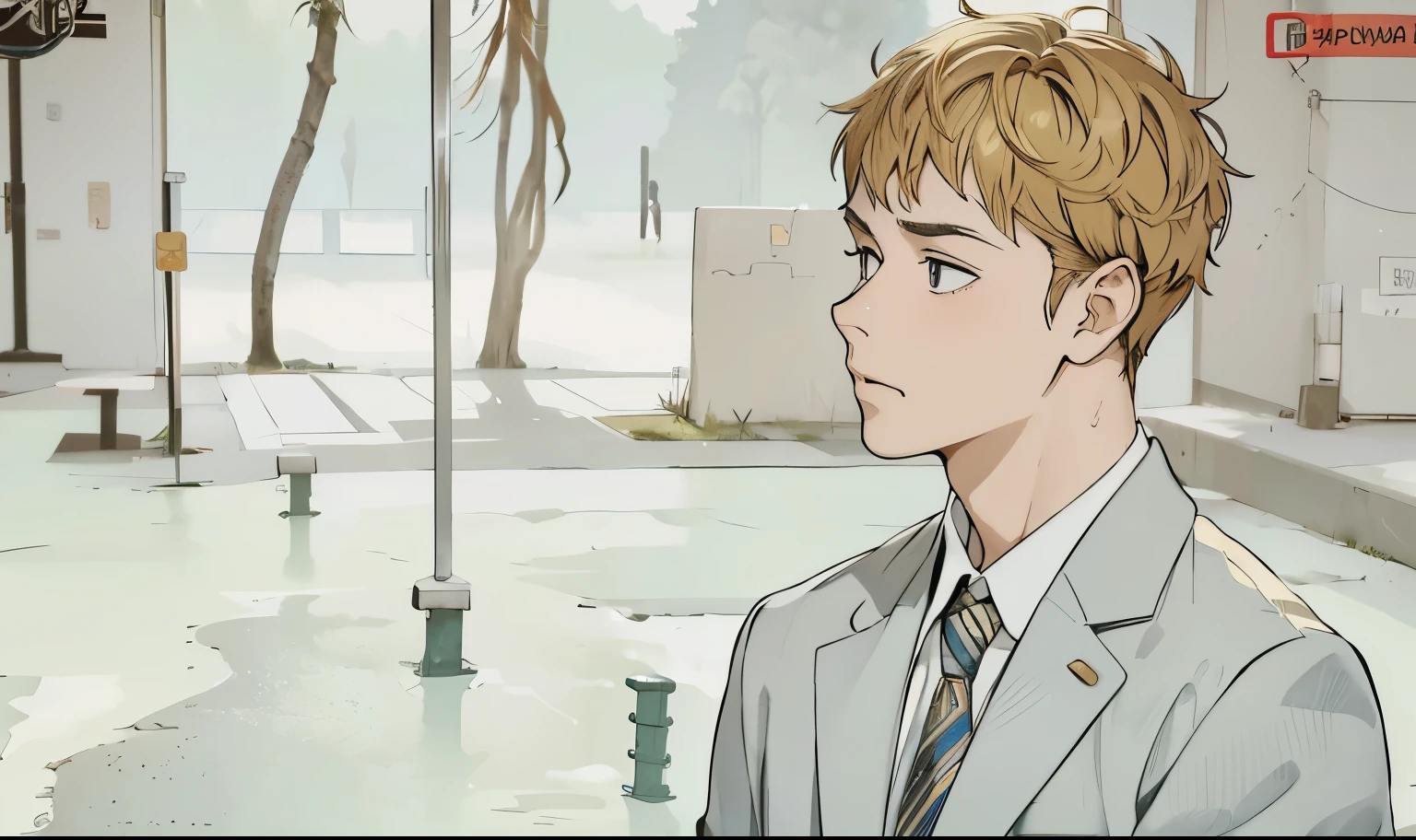 He is talking with anger with anger, I hate, a cute 16-year-old boy has golden hair, he is looking at someone with hatred.