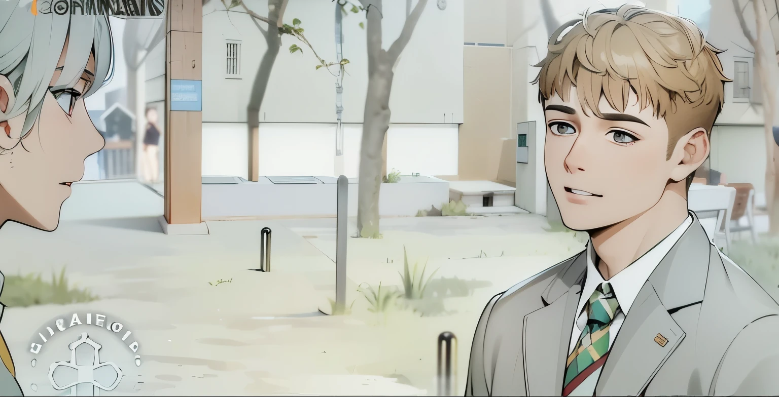 hay dos chicos en el patio de la escuela tiene cabello dorado ojos dorados mira con  odio al chico de al frente
