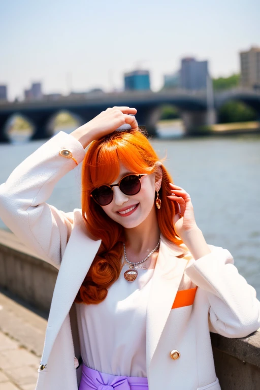 1 girl, alone, go to the river, orange hair, drill hair, glasses on head, orange eyes, jewelry, bow, white dress, purple jacket, meanwhile, earrings, have, Are standing, put your hand on your waist, looking at the viewer, closed one eye, grin, outdoor, city 