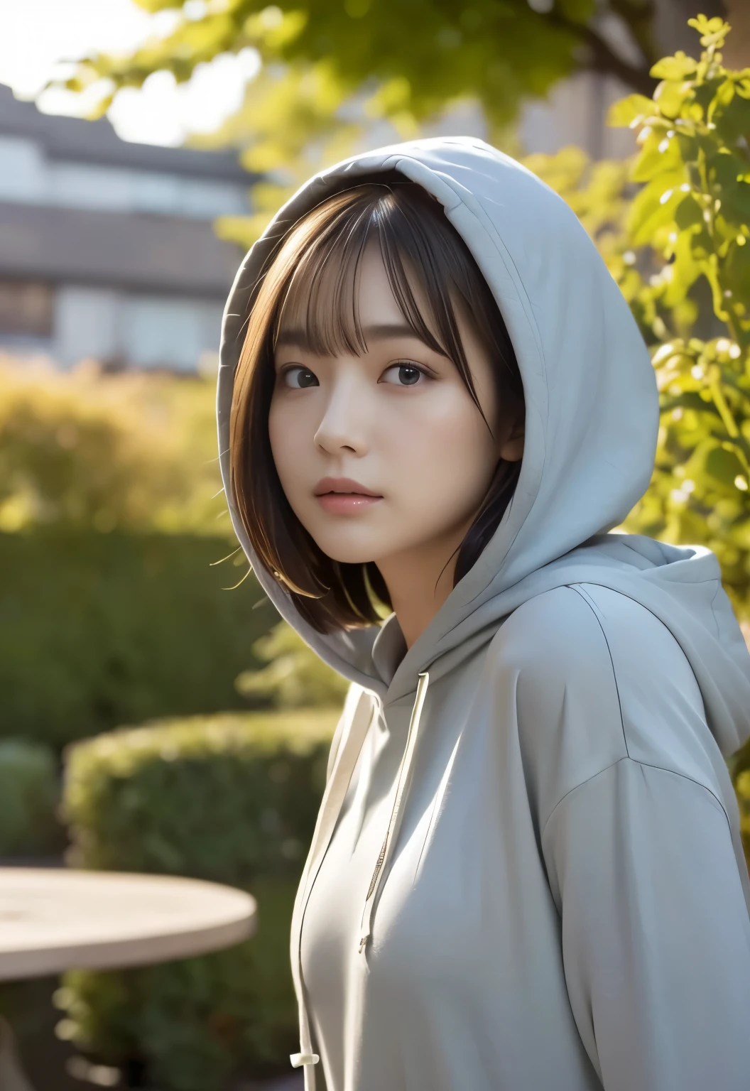 (((morning:1.3, garden:1.2, Photographed from the front))), ((hoodie:1.3, medium bob:1.3, hoodieを着た日本人女性, cute)), (clean, natural makeup), (highest quality, masterpiece:1.3, 超High resolution), (Super detailed, caustics), (realistic:1.4, RAW shooting), very detailed, High resolution, 16K resolution