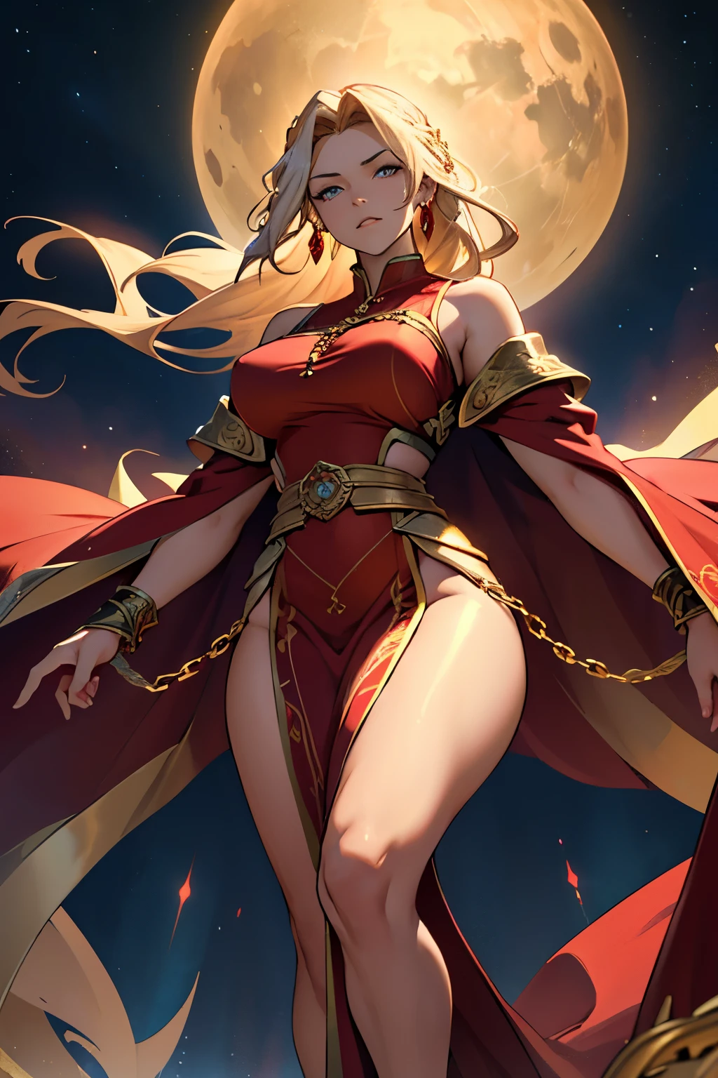 woman, 5 feet in height, very curvy, skin is light golden, hair is long and golden, eyes are golden, wears flowing red robes with thigh windows and gold trim, long flowing red sleeves with shoulder windows, lots of very decorative chain jewelry, serious expression, night sky background