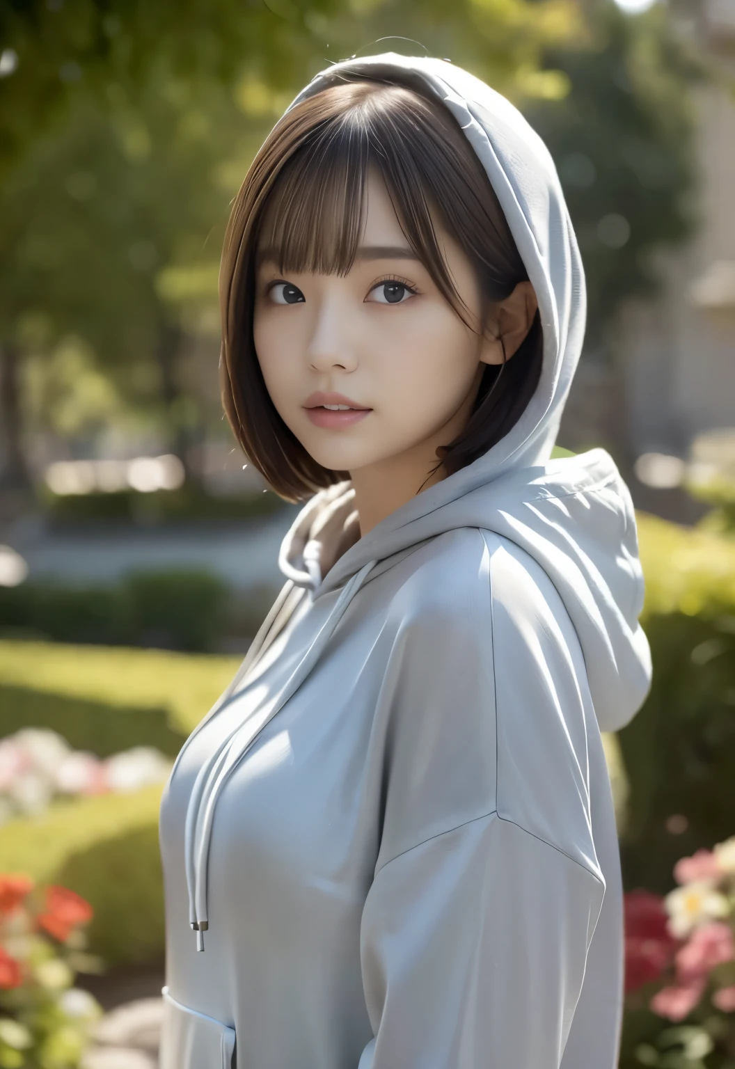 top-quality、masutepiece、portlate、parfect anatomy、独奏、1人の女性、japanes、Women with small breasts、Brown short bob、Long sleeve hoodie、Long sleeve hoodie、Old Denim、plein air、Explore Central Park、stroll