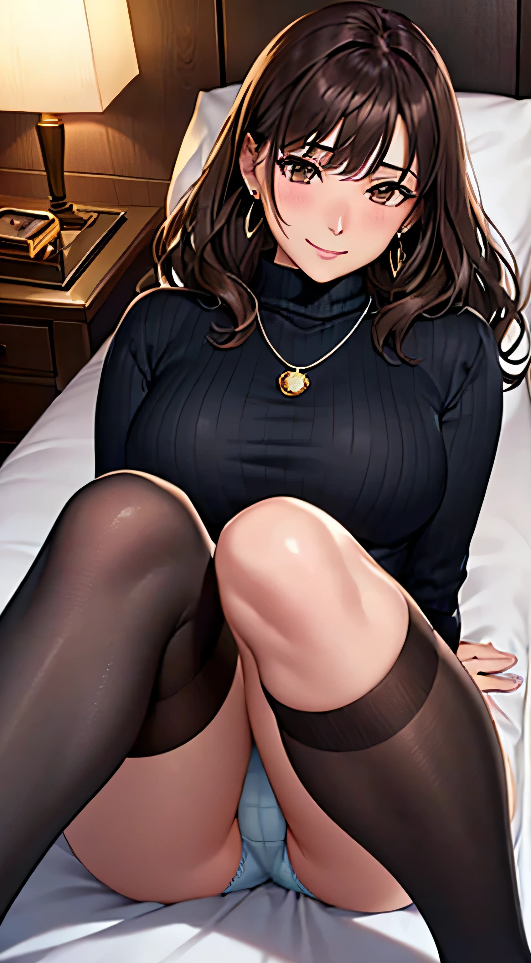 (table top, highest quality, High resolution, , perfect pixel, 4k,), 1 girl, single, alone, Beautiful woman、I could see the whole body、 ((wavy mid-length hair, bangs, brown hair)), ((brown eyes, beautiful eyelashes, realistic eyes)), ((detailed face, blush:1.2)), ((smooth texture:0.75, realistic texture:0.65, realistic:1.1, Anime CG style)), soft chest, dynamic angle, perfect body, ((,, , earrings、necklace、turtleneck sweater、、black knee high stockings、open both legs wide、open both knees、shy smile)),、、、、(luxury hotel bed、sleep on your back)、、Close your chest with both arms、You can see the white light blue lace panties)、angle from below)、