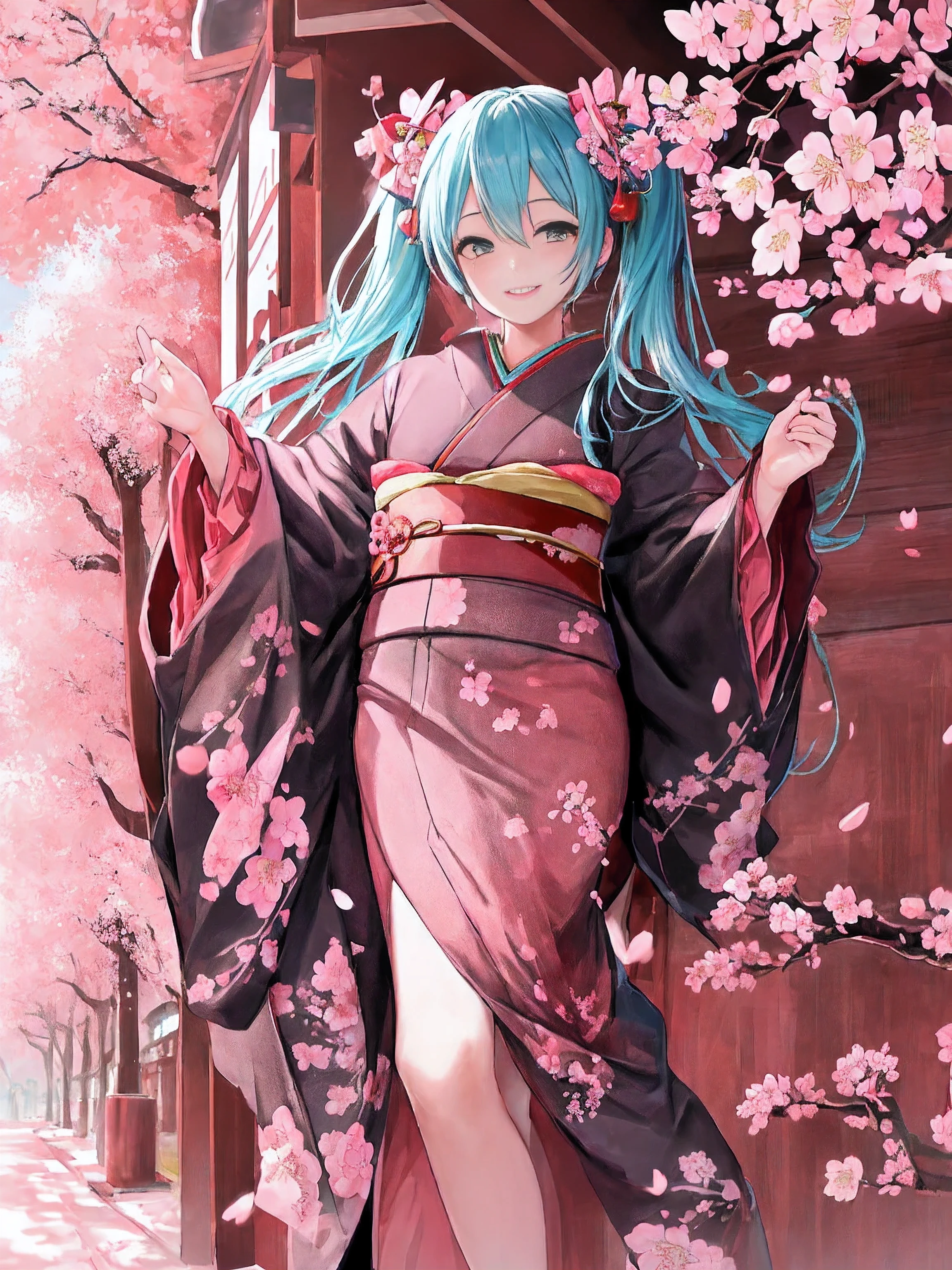 (Hatsune Miku:1.0), (faint lips:1.1), (smile:1.4), (gorgeous kimono, Cherry-blossom color:1.4), (under the cherry blossoms:1.4), Cherry-blossom viewing