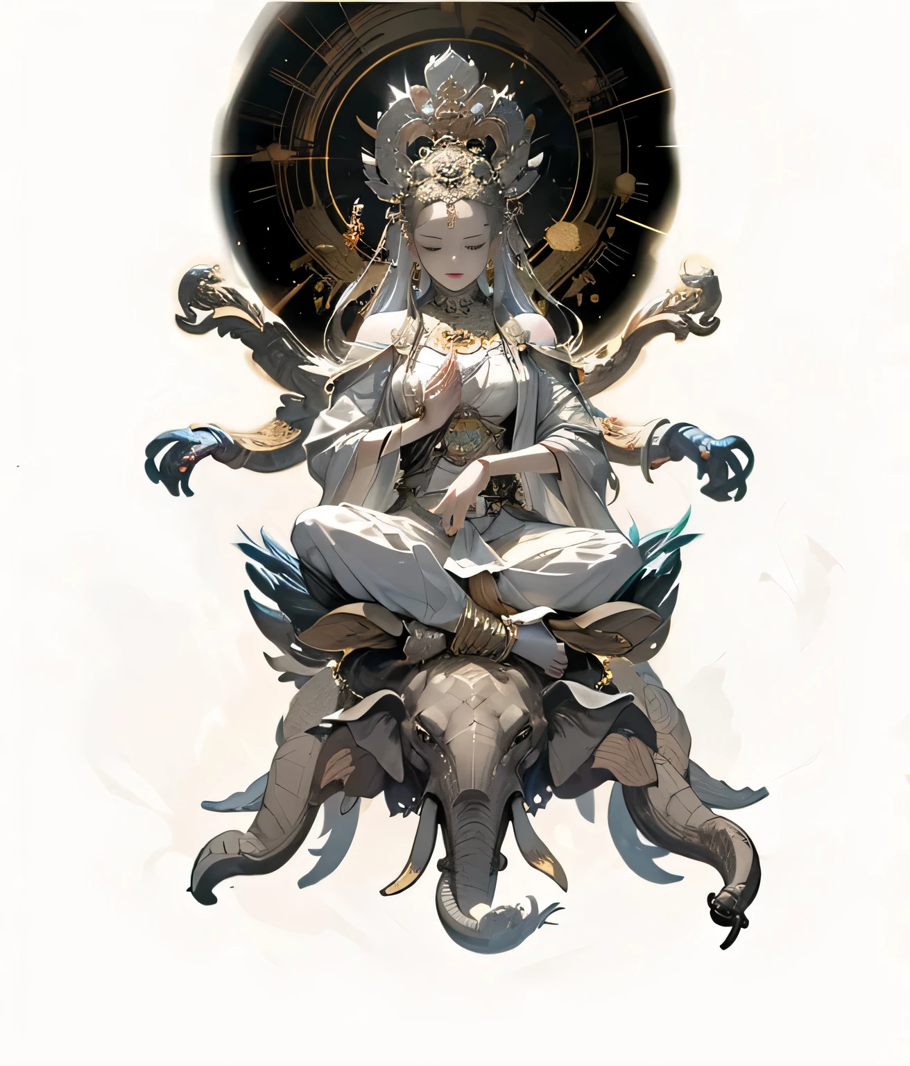 (Chinese gods), (Buddhism), multiplication_Handmade story), (Guanyin), Serious expression,The expression is very majestic,Eyes sLightly closed,she sits on lotus, (Three hands on the left,right hand three hands, Each hand holds a different Buddhist vessel, Bilateral symmetry),(Exquisite and beautiful face), (white silk robe)Sit cross-legged on a lotus, portrait photo,Below are the mounts of three elephants,The elephant looks majestic and serious,neoclassicism, On Art, chiaroscuro, Light, divine Light, Light线追踪, expected insert, First-person perspective, ultra high definition, masterpiece, precise, textured skin, Super details, high detail, high quality, Award-winning, best quality, High resolution, 8K