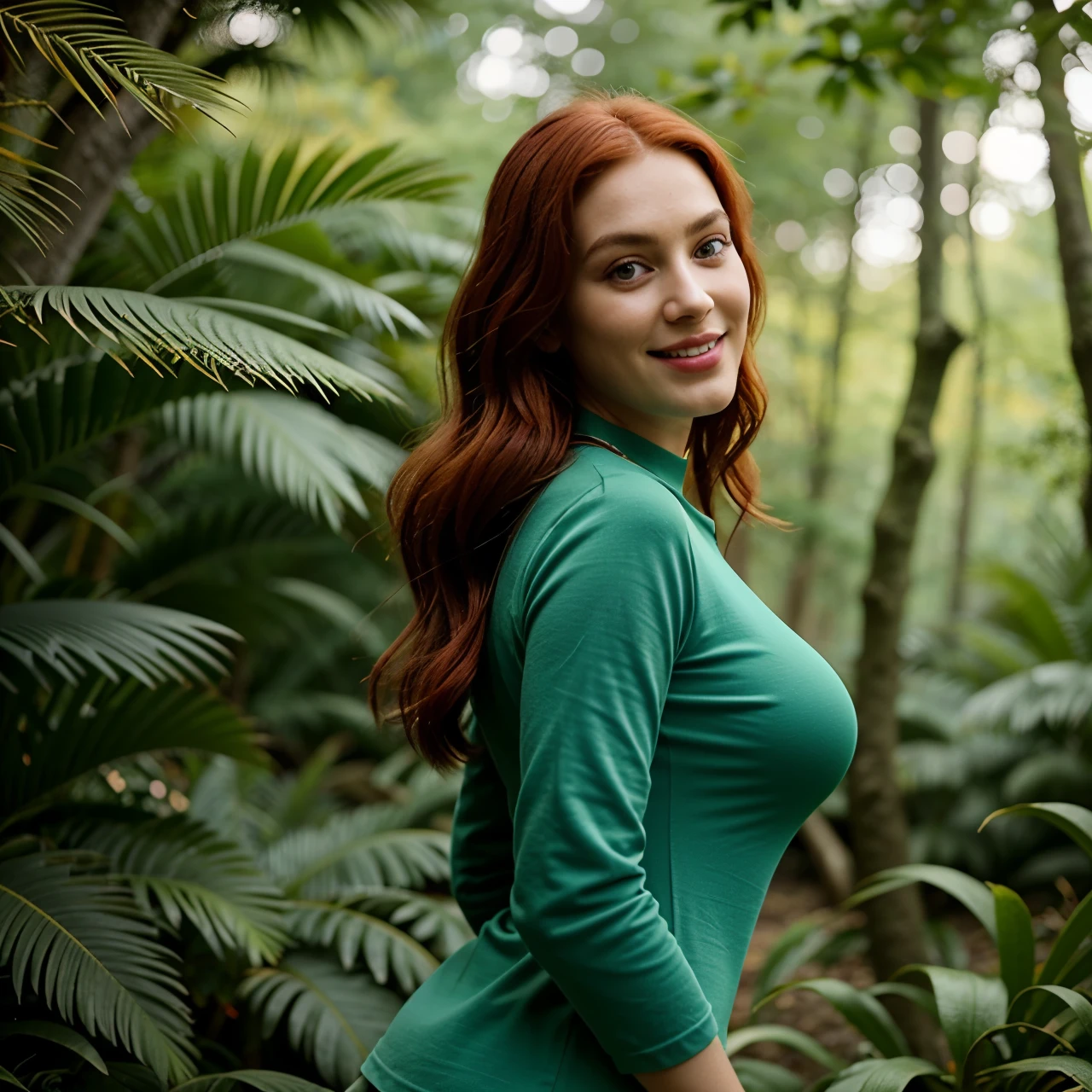 A low angle shot of a young goddess and seductive influencer, 27 years old, height 160 cm, with a sensual style and beauty, (medium large breast:1.1), (green eyes), (fake smile:1.2) (red hair) (Wavy semi short:1.1), perfect ass, thin-waisted, bdsm. wearing a really long purple t-shirt, standing towards the camera. Captured relaxing in a forest of leafy trees (semi blurred bokeh effect background). Iphone 14 pro max triple front camera, light and shadows, still raw, ((best quality)), ((masterpiece)), photorealistic, (detailed), ((lora:GoodHands-beta2:0.8))