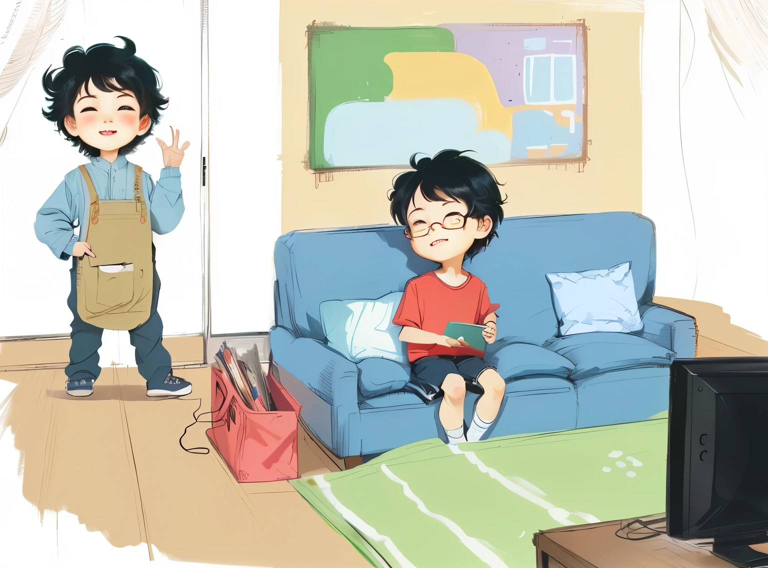 Caricature of a boy sitting on a living room sofa, mother standing behind the sofa,The scene is concise., Children's Art at Art Station, cartoon style illustration, official illustration, children's book illustrations, children's book illustrations, author:Jonghee Kim, author:Seongchi Jang, Storybook illustrations, children's book illustrations, Detailed 2D illustration, cute detailed digital art