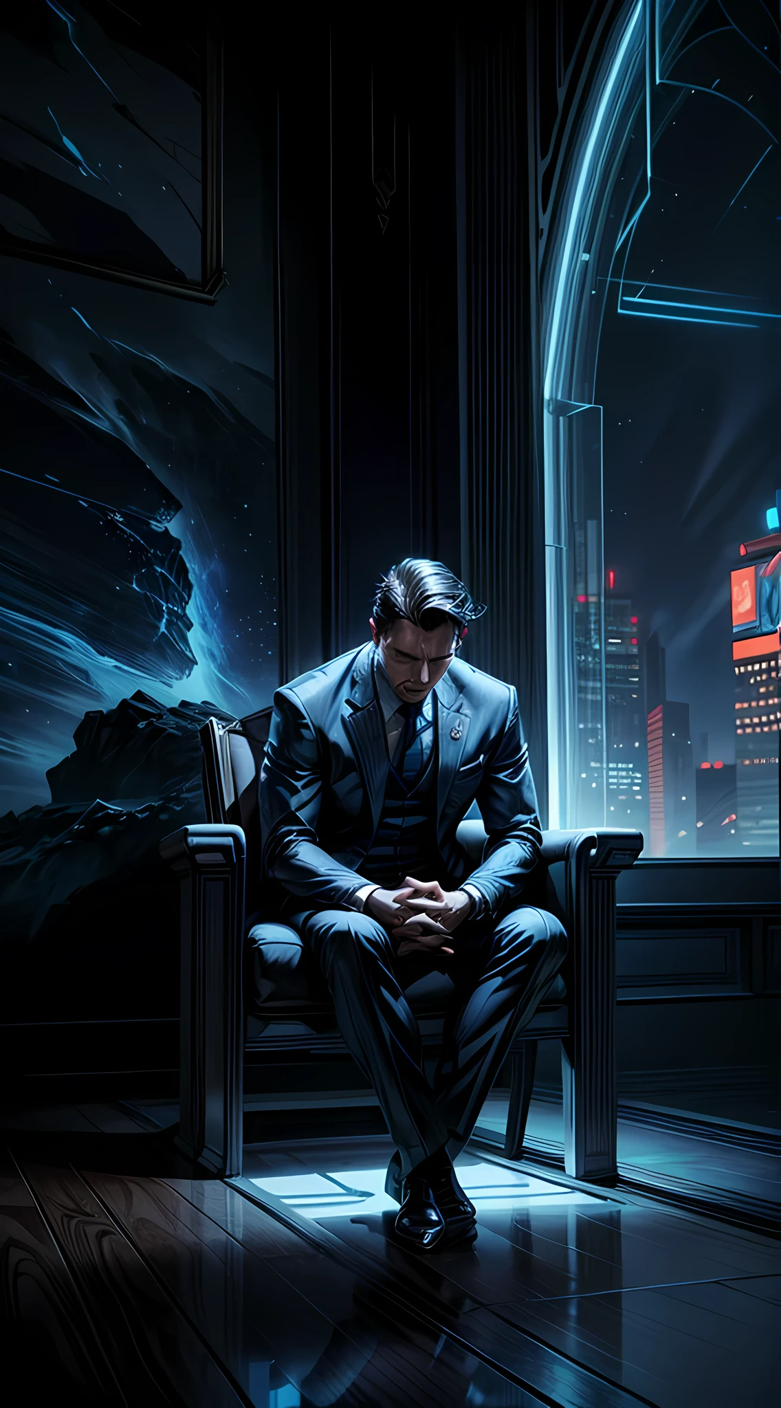 Um homem de terno azul, sits on a chair with his hands folded in front of him, orando de olhos fechados, It is surrounded by a dramatic artistic backdrop, 4K, unreal engine rendering, epic comic illustration