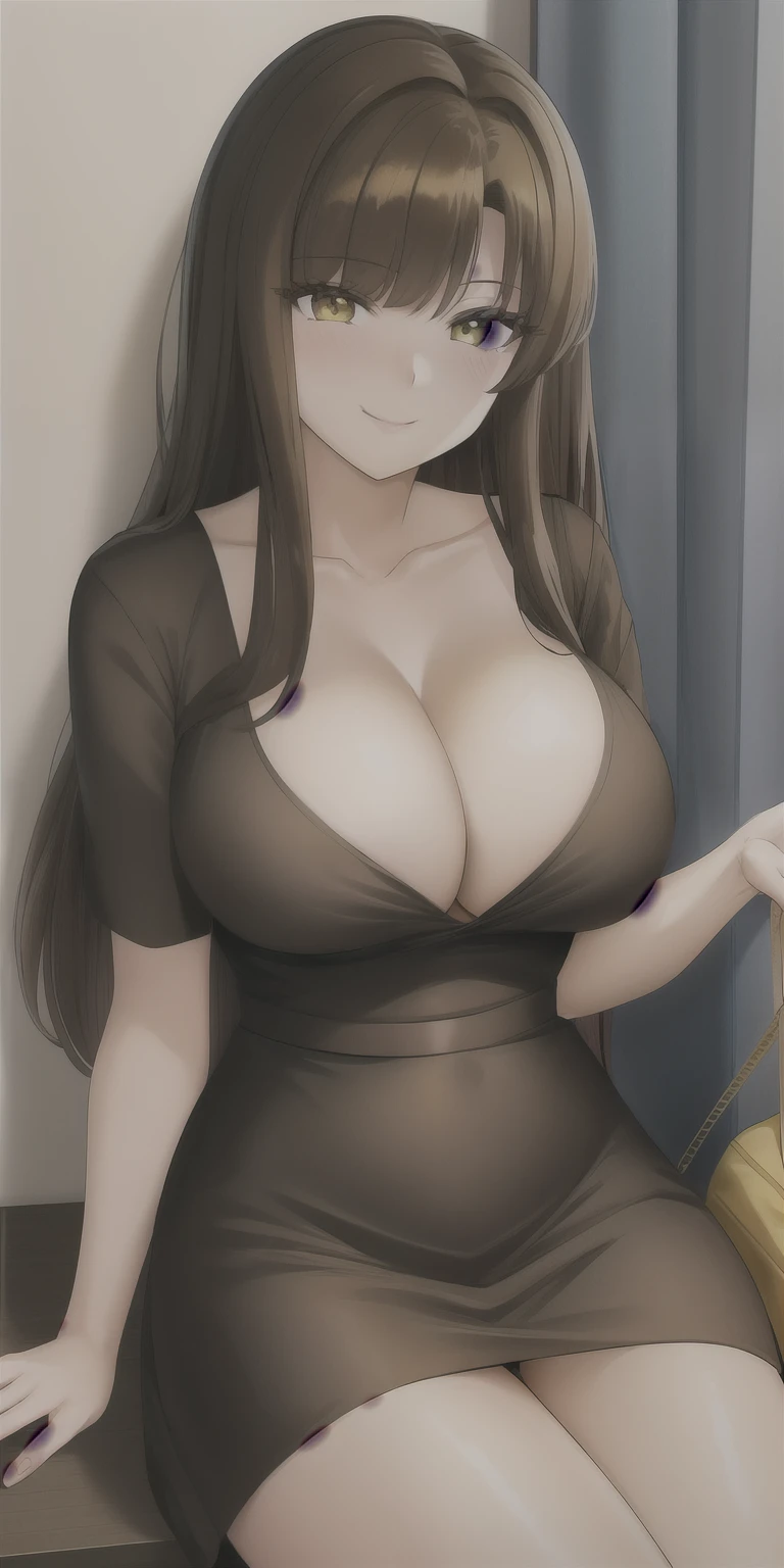 NinomiyaHinako, standing, solo, chinadress,(( yellow dress)),masterpiece, best quality, detailed face, detailed eyes, highres,big tits,cleavage, sitting,smile, embarrassed , nipples,show tits