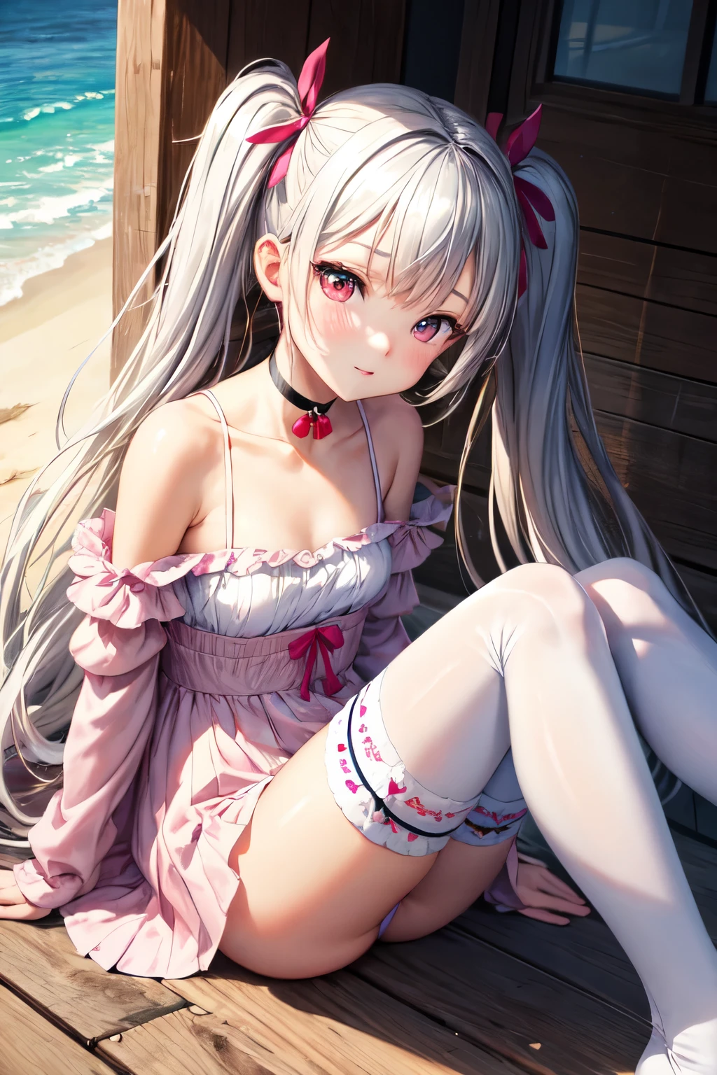 beautiful girl, young girl, young, innocent, , small breasts, twin tails, choker, highest quality, masterpiece, 8K, 超A high resolution, beautiful face、symmetrical eyes, pink ribbon, frills, race, Furifuri, fold your arms behind your back, Thighhighs, knee high socks, embarrassing, silver hair, red eyes, sandy beach
