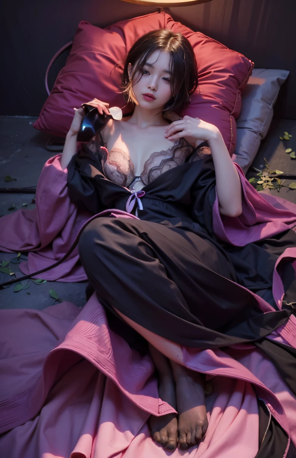 (Best quality, 8k, 32k, Masterpiece, UHD:1.2) "Generate a captivating artwork featuring a young Japanese girl model with short, sleek black hair styled in a chic bob haircut. Envision her bathed in dramatic cinematic lighting, creating an atmosphere of allure and mystery. Emphasize a romantic aesthetic vibe, showcasing the model in a poised and elegant pose that evokes a sense of intimacy and sophistication. Utilize warm and soft tones to enhance the romantic ambiance, and consider incorporating elements like flowing fabrics or flowers to add a touch of ethereal beauty. Capture the essence of romance and beauty through the model's expression, the play of light and shadows, and the overall aesthetic, creating a visually compelling and emotionally resonant piece." (perfect eyes), flawless skin, flawless face, cinematic, tight body, ((well-proportion female hands)), ((female hands with five digits)) ((Body is well proportioned)), ((chic bob haircut)), soft focus ((Short Black Hair)), ((lingerie)), ((forest)), ((animals))