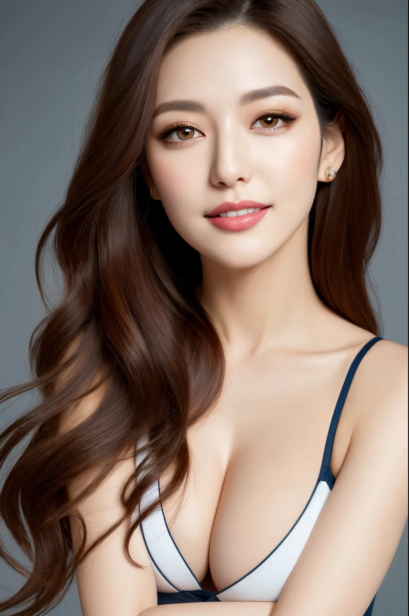 high resolution, Photo of a beautiful woman detailed face, young beautiful girl, realistic:0.5, perfect skin, (ultra-detailed background, detailed background), bokeh, gorgeous, pure, beautiful detailed face and eyes,huge breasts, (dark-brown eyes :1.1), (a pretty extremely and beautiful Japanese woman), (full body:1.3), (sexy girl), (22 years old: 1.1), (arms down:1.3), beach, (at twilight:1.4), (looking at viewer:1.2),standing (seductive:1.3, seductive posing:1.3), (gigantic breasts:1.3), (((breasts:1.5))), (thin waist:1.3), (slender:1.3), wearing cross front Cutout Halter One Piece Swimsuit, Sexy And Elegant, Insanely detailed outfit, (cute:1.2), ((K-pop idol:1.3)), (upper thigh:0.6), soft light, Lens Glow, looking at viewer, straight teeth, smile, floating hair, brown eyes,black wavy hair :1.2), bangs, extremely long hair:1.3, dark brown eyes, beautiful eyes, princess eyes, (big eyes:1.3), (double eyelids:1.2), beautiful detailed skin, (detailed beautiful girl: 1.4), smiling, Red lips, full-make-up face, (shiny skin), ((Perfect Female Body)),Perfect Anatomy, Perfect Proportions beautiful Korean actress face:1.3, extremely cute and beautiful Japanese actress face:1.3), (blush:1.1), movie lighting, cinematic, full colors, 4k, 8k, 16k, RAW photo, masterpiece, professionally color graded, professional photography, consider, soft clean focus, realistic lighting and shading, (an extremely delicate and beautiful art):1.3, elegant, active angle, dynamism pose, gray background, solo focus,