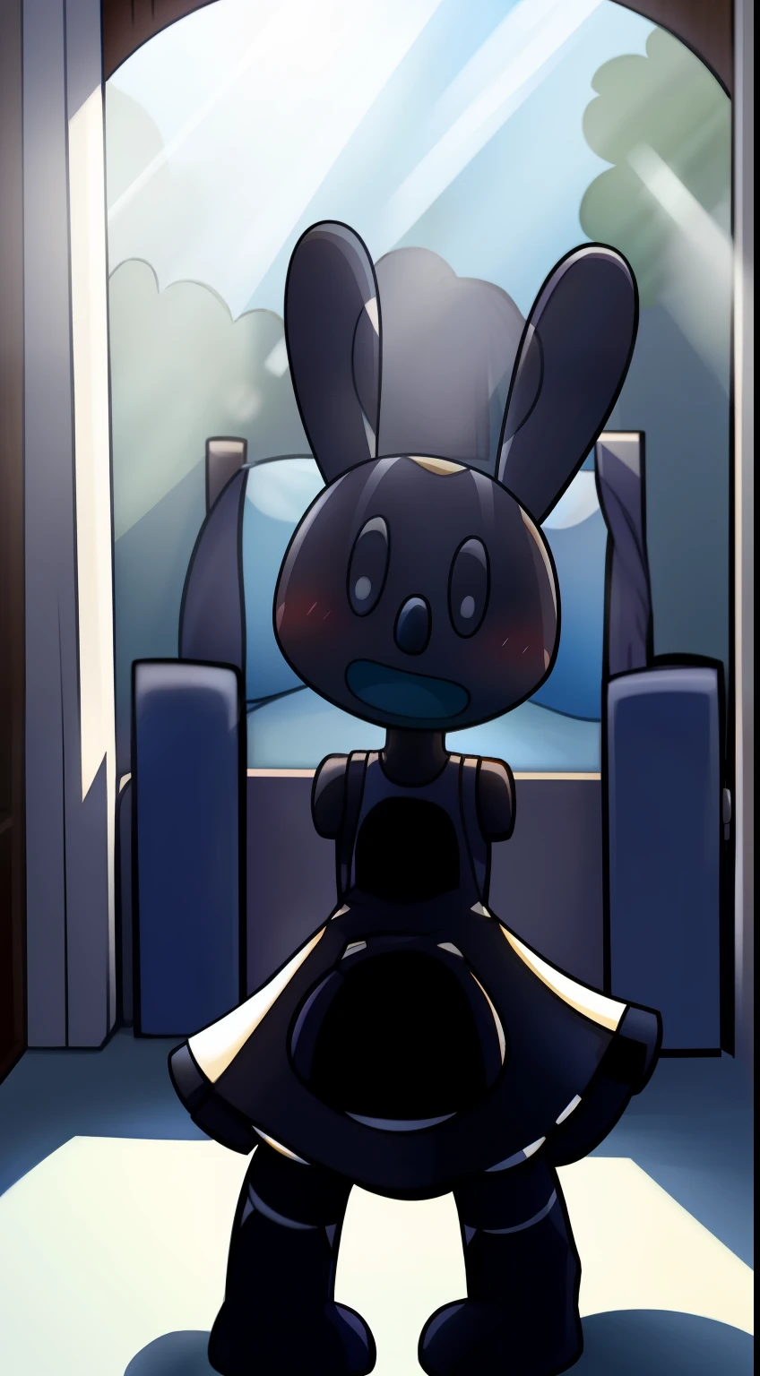 Oswald, armless, missing arms, no arms, black eyes, big and wide mouth, agape, white polka dots on ears, full body, maid dress, shy expression, expressive, blushing harder, dynamic angle, bedroom, window, sunrays, furniture, detailed art, intricate details