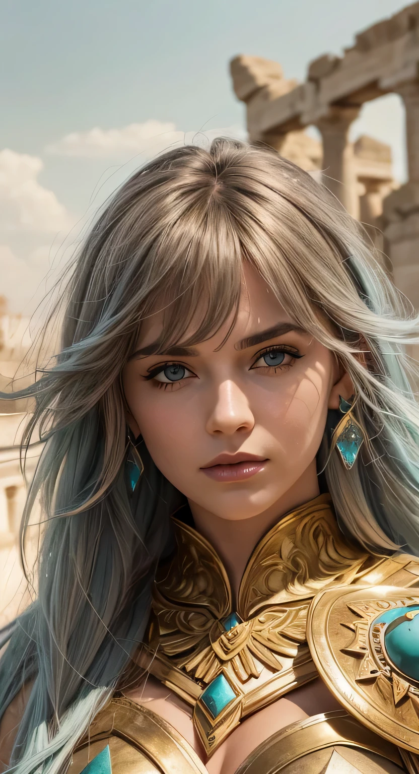 Masterpiece. Half-body portrait. She is the Taurus Knights of Zodiac warrior. A beautiful young woman (1 girl) about 20 years old. powerful look. Imposing appearance. ((Long light blue hair)), straight hair, ((messy)) hair, ((hair bangs)). (Bangs). hair blowing in the air. Ice Cristals light emerging for her right hand. ((big green eyes)). Delicate lips, delicate nose. Delicate face. warrior clothes. Golden full medieval armor. Turquoise corselet and purple tide pants. Leather boots. Greek temples ruins background at night, with a starry sky. Multicolor aura around her.