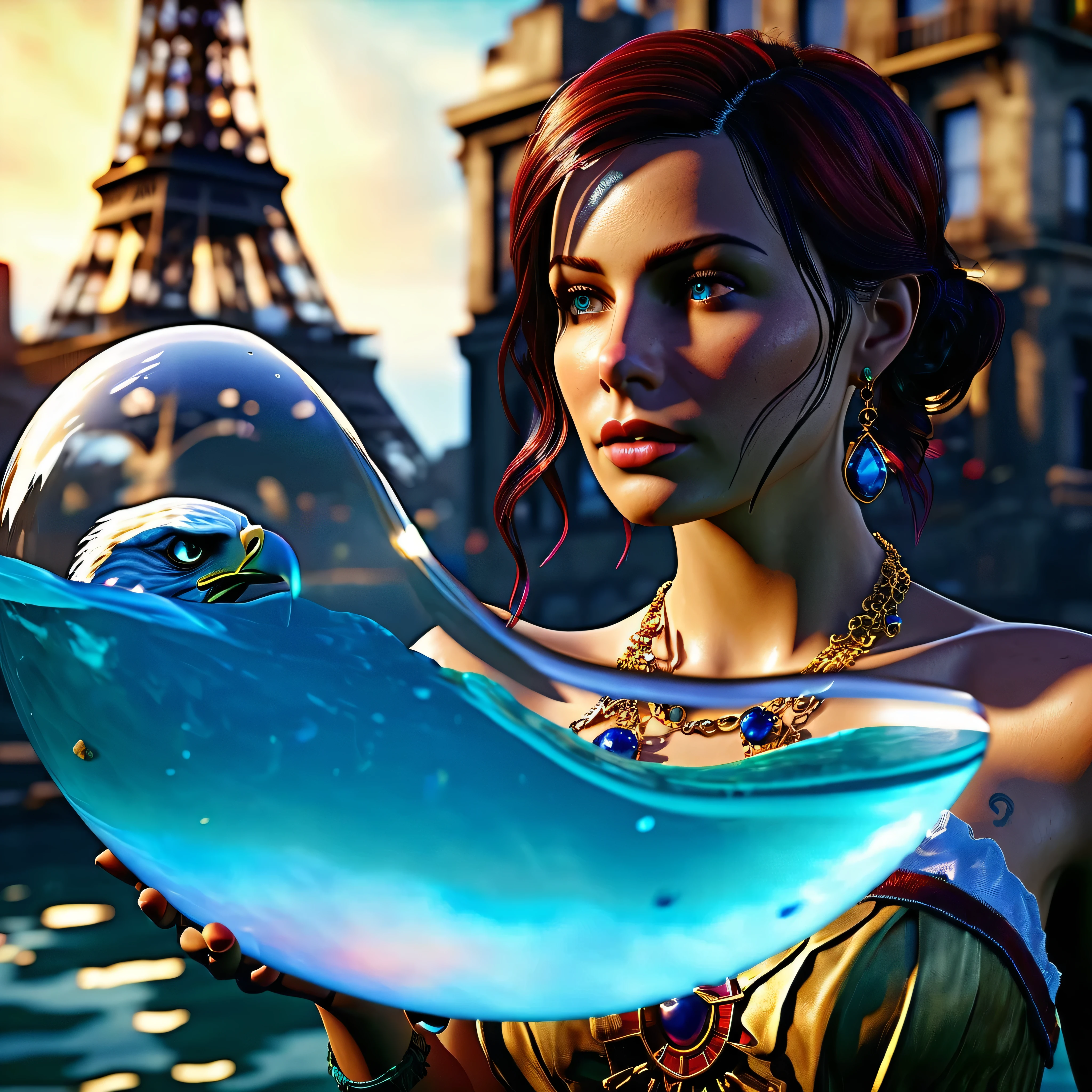 Bioshock sunken city, Elizabeth girl, flowing water, girl in a bubble, floating girl, ((UnrealEngine5 epic tmasterpiece, ultra best quality, detailed, ultra sharp focus, ultra high-resolution, ultra high-definition, UHD, HDR, vibrant DSLR vivid colorful)), colorful lighting, Elizabeth skin epic brights eyes breasts silks macro ❤tattoo❤ eagle jewel Earth heart hearth cadena necklace gold turquoise lazuli breasts grenat pubic indigo hairy silks garnet sundrop agate, looking at viewer, reflection, transparent, Eiffel, mill, varies multi etc. --v6 --s1000 --c20 --q5 --chaos100