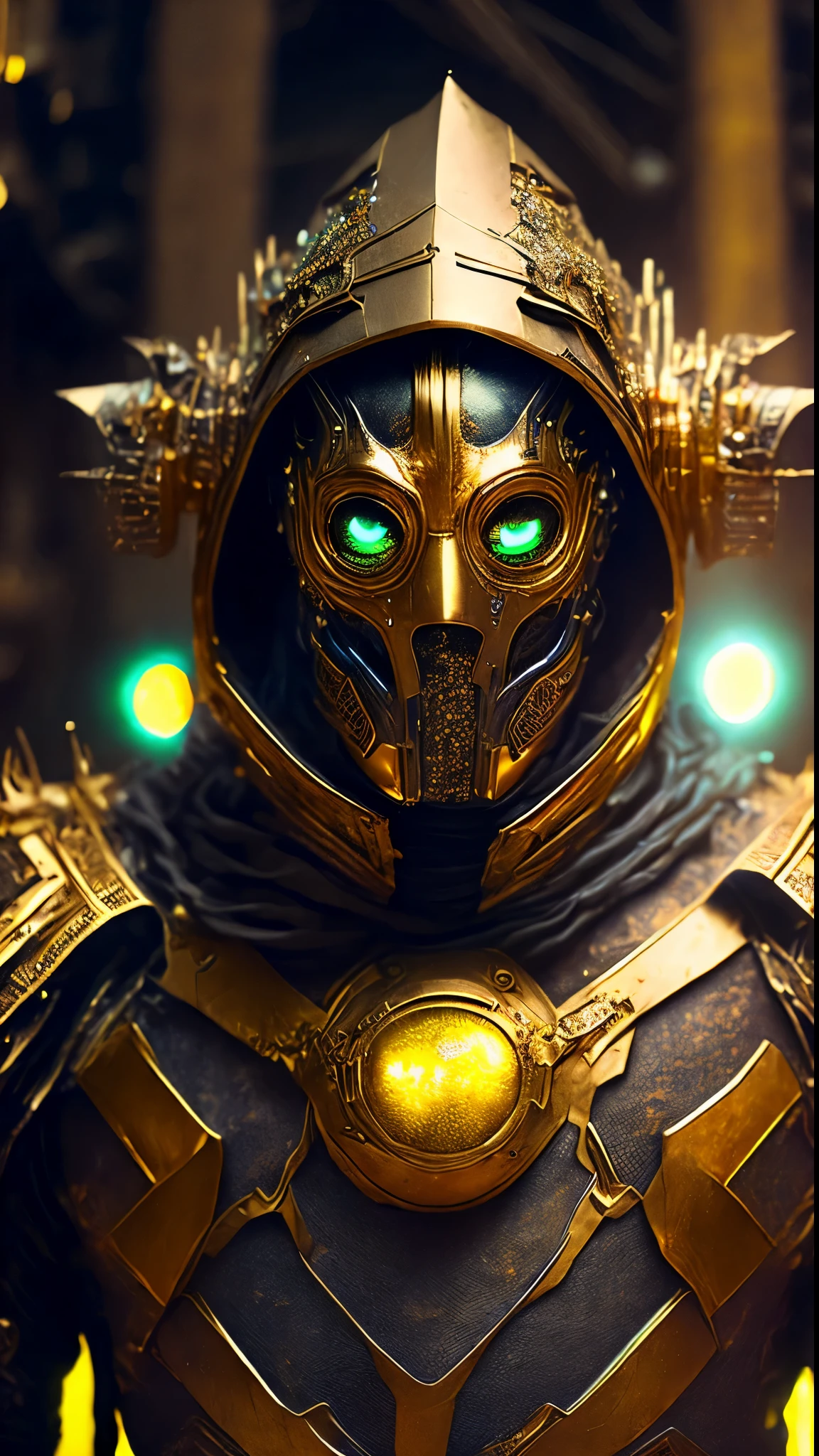 breathtaking cinematic science fiction photo of a portrait of a non human masked Grim wrapped in gold chrome metal skin, body full glowing metrics inside, glowing multicoloured eyes, multifaceted eyes, metallic arms, inside a destroyed building, extremely menacing creature, highly detailed, award-winning