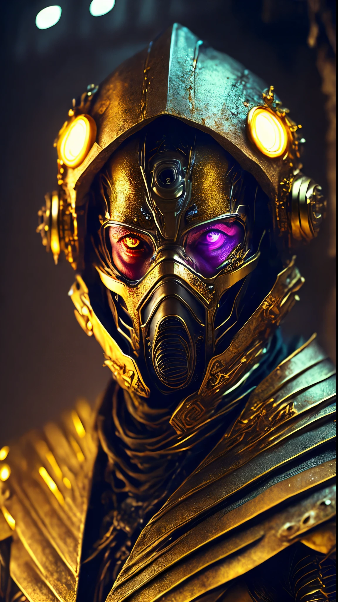 breathtaking cinematic science fiction photo of a portrait of a non human masked Grim wrapped in gold chrome metal skin, body full glowing metrics inside, glowing multicoloured eyes, multifaceted eyes, metallic arms, inside a destroyed building, extremely menacing creature, highly detailed, award-winning