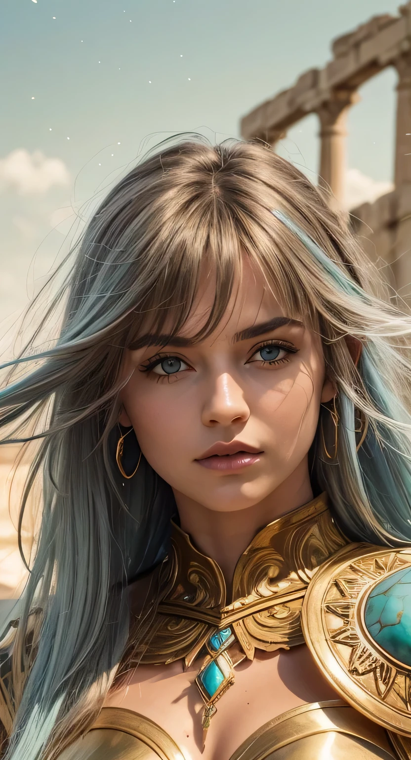 Masterpiece. Half-body portrait. She is the Taurus Knights of Zodiac warrior. A beautiful young woman (1 girl) about 20 years old. powerful look. Imposing appearance. ((Long light blue hair)), straight hair, ((messy)) hair, ((hair bangs)). (Bangs). hair blowing in the air. Ice Cristals light emerging for her right hand. ((big green eyes)). Delicate lips, delicate nose. Delicate face. warrior clothes. Golden full medieval armor. Turquoise corselet and purple tide pants. Leather boots. Greek temples ruins background at night, with a starry sky. Multicolor aura around her.