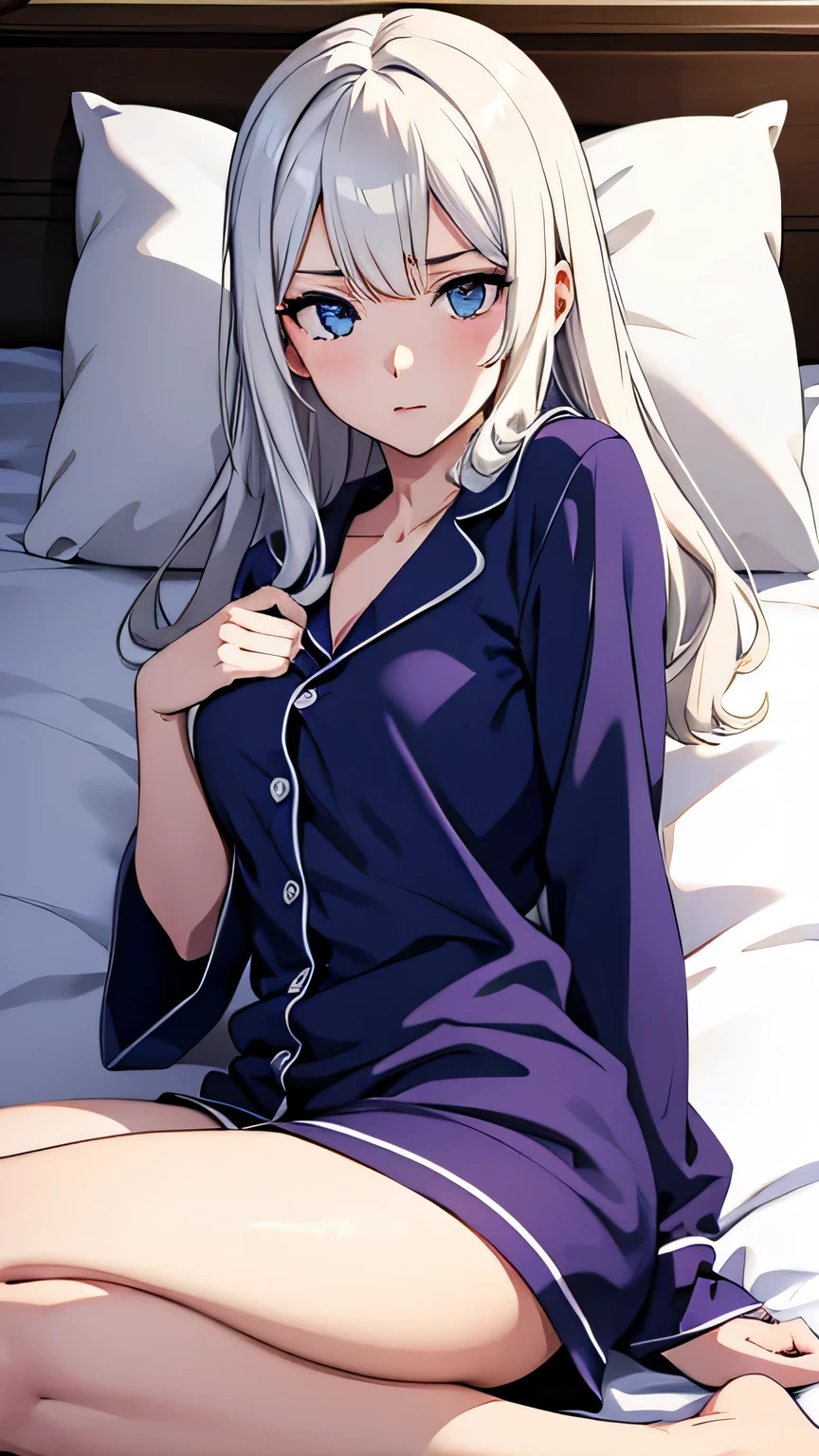 one anime girl , white, hair, in sexy pyjamas on bed , pillow