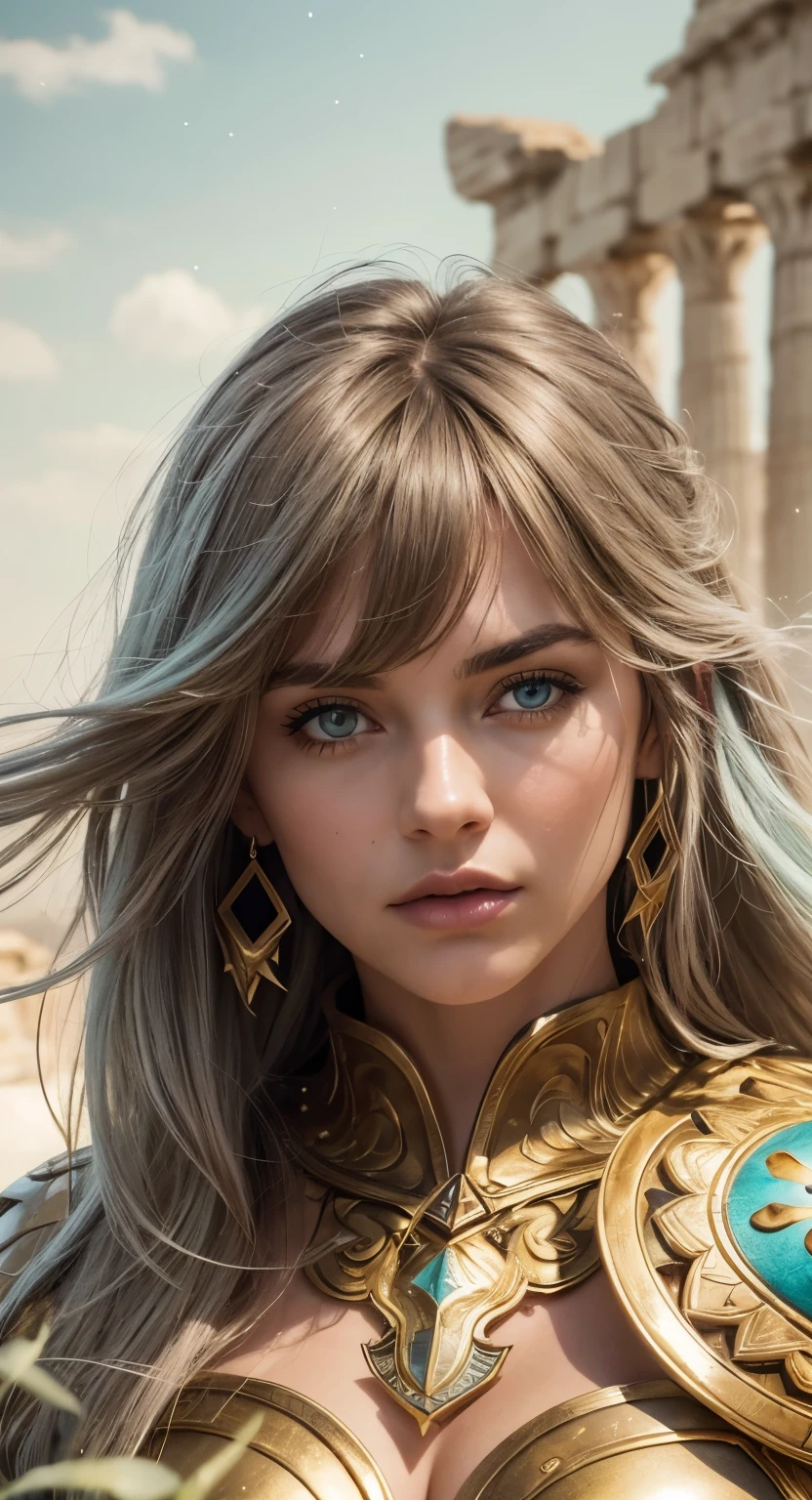 Masterpiece. Half-body portrait. She is the Taurus Knights of Zodiac warrior. A beautiful young woman (1 girl) about 20 years old. powerful look. Imposing appearance. ((Long light blue hair)), straight hair, ((messy)) hair, ((hair bangs)). (Bangs). hair blowing in the air. Ice Cristals light emerging for her right hand. ((big green eyes)). Delicate lips, delicate nose. Delicate face. warrior clothes. Golden full medieval armor. Turquoise corselet and purple tide pants. Leather boots. Greek temples ruins background at night, with a starry sky. Multicolor aura around her.