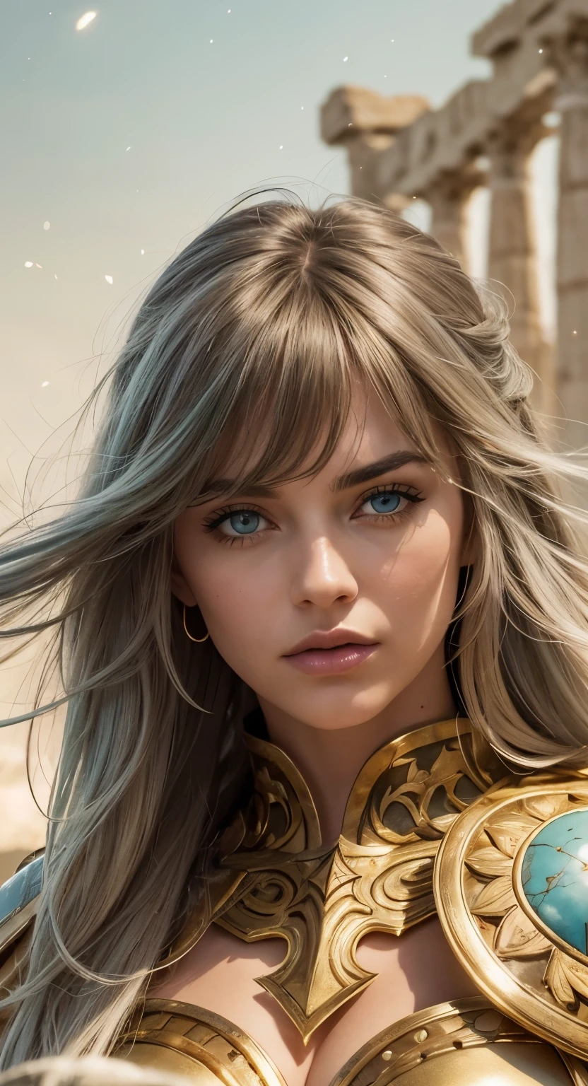 Masterpiece. Half-body portrait. She is the Taurus Knights of Zodiac warrior. A beautiful young woman (1 girl) about 20 years old. powerful look. Imposing appearance. ((Long light blue hair)), straight hair, ((messy)) hair, ((hair bangs)). (Bangs). hair blowing in the air. Ice Cristals light emerging for her right hand. ((big green eyes)). Delicate lips, delicate nose. Delicate face. warrior clothes. Golden full medieval armor. Turquoise corselet and purple tide pants. Leather boots. Greek temples ruins background at night, with a starry sky. Multicolor aura around her.