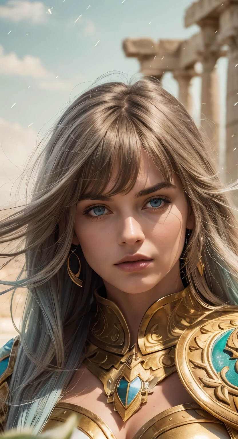 Masterpiece. Half-body portrait. She is the Taurus Knights of Zodiac warrior. A beautiful young woman (1 girl) about 20 years old. powerful look. Imposing appearance. ((Long light blue hair)), straight hair, ((messy)) hair, ((hair bangs)). (Bangs). hair blowing in the air. Ice Cristals light emerging for her right hand. ((big green eyes)). Delicate lips, delicate nose. Delicate face. warrior clothes. Golden full medieval armor. Turquoise corselet and purple tide pants. Leather boots. Greek temples ruins background at night, with a starry sky. Multicolor aura around her.