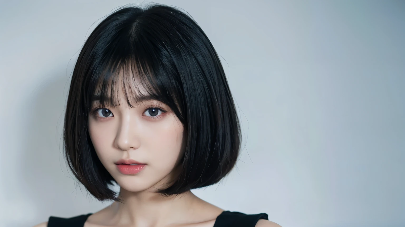 bewitching eyes, well-balanced eyes, mouth closes//background is white //wearing black clothes //chest focus, ((Face-to-face audience)), /japanese woman, white skin, bob cut, black hair, dark blue hair, dull bangs,//((Are standing)), high quality:1.3, professional lighting:2.0 realistic:1.2, 4K resolution, fine skin, masterpiece:1.1